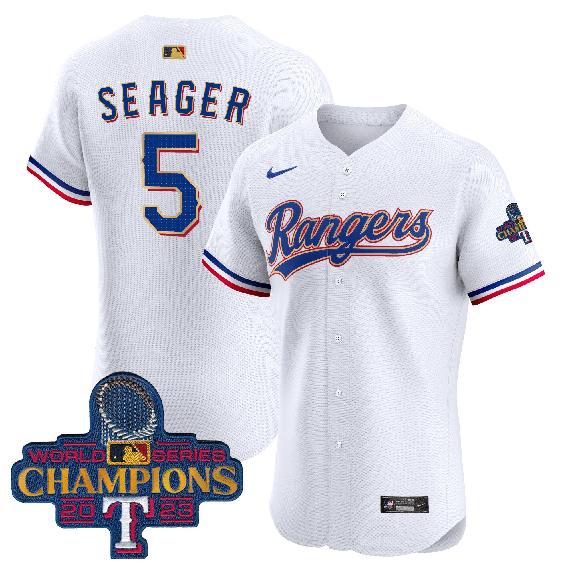 Men's Texas Rangers 2023 World Series Champions Gold Trim Vapor Premier Elite Jersey - All Stitched