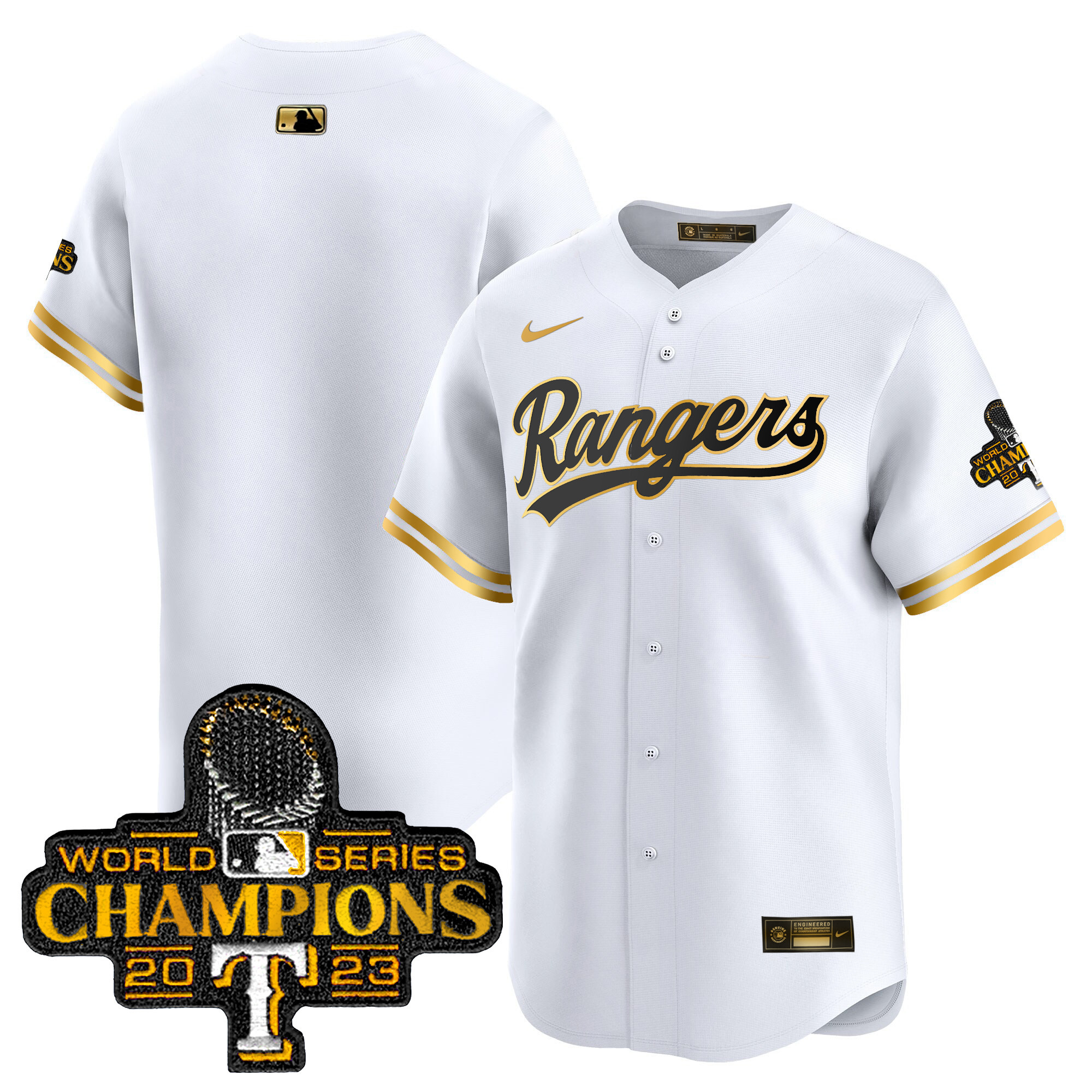 Men's Texas Rangers 2023 World Series Champions Gold Trim Vapor Premier Limited Jersey - All Stitched