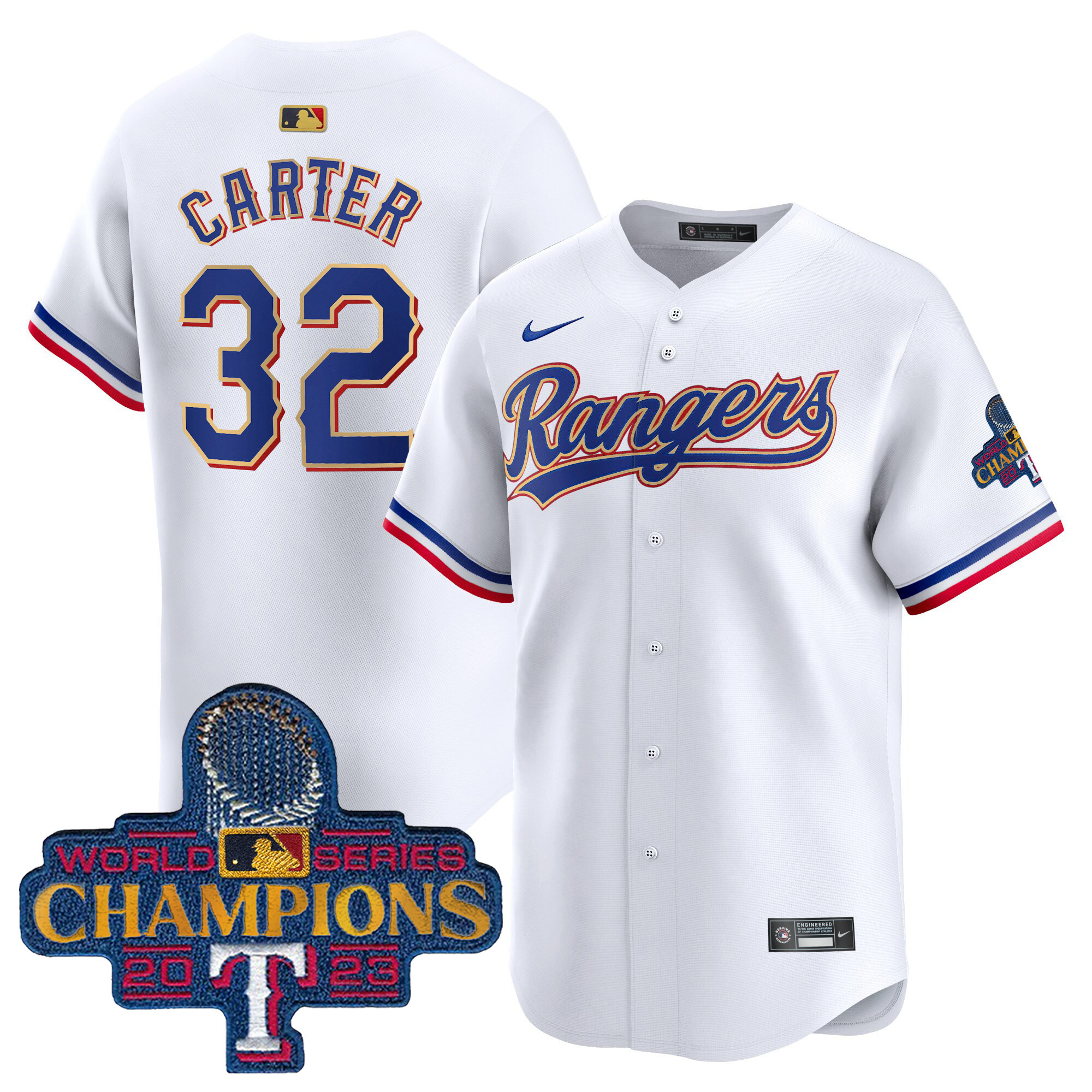 Men's Texas Rangers 2023 World Series Champions Gold Trim Vapor Premier Limited Jersey - All Stitched