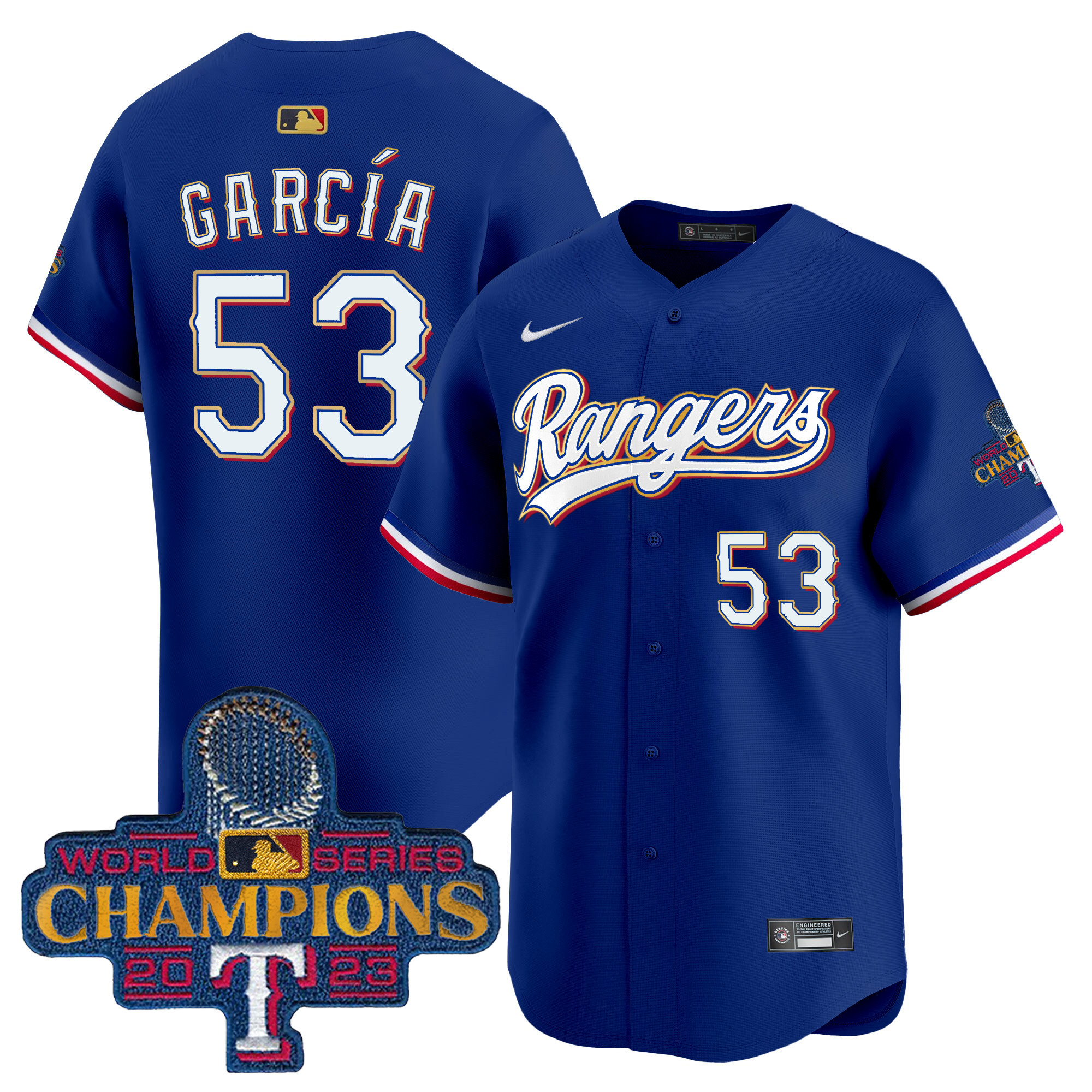 Men's Texas Rangers 2023 World Series Champions Gold Trim Vapor Premier Limited Jersey - All Stitched