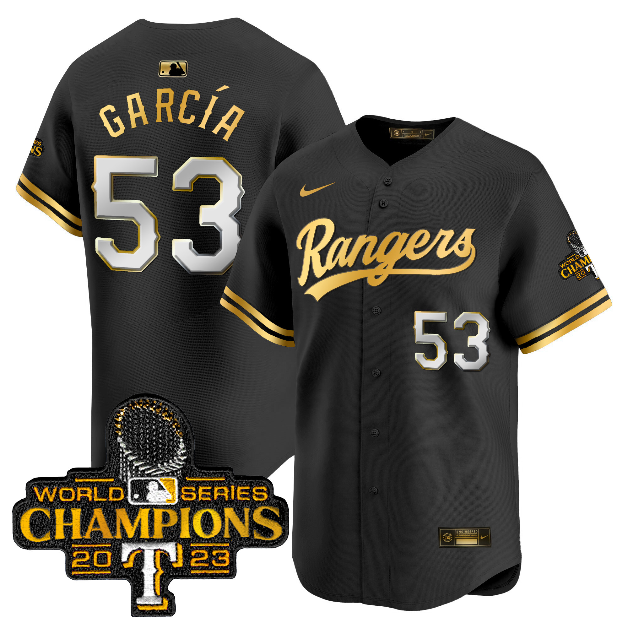 Men's Texas Rangers 2023 World Series Champions Gold Trim Vapor Premier Limited Jersey - All Stitched