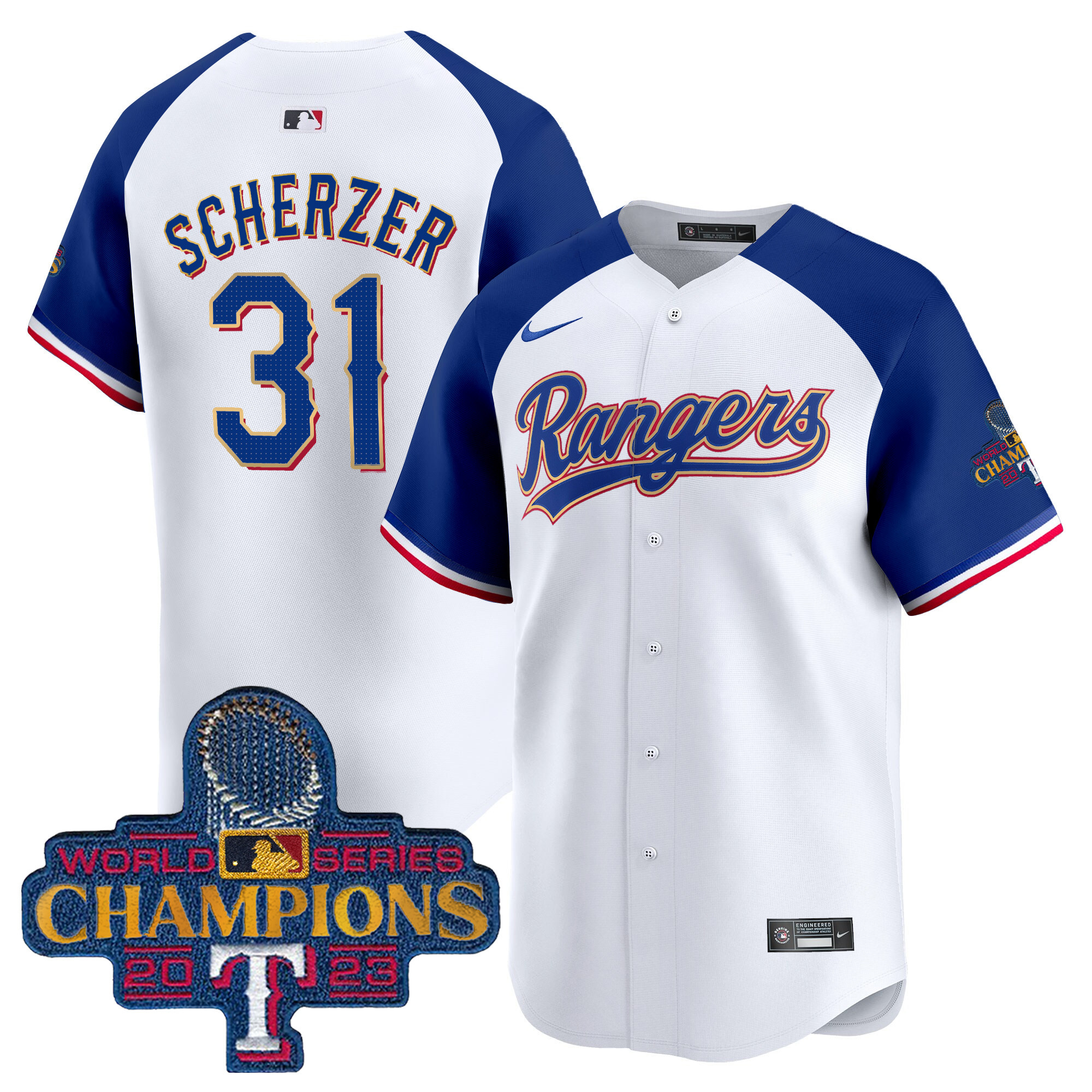 Men's Texas Rangers 2023 World Series Champions Gold Trim Vapor Premier Limited Jersey - All Stitched