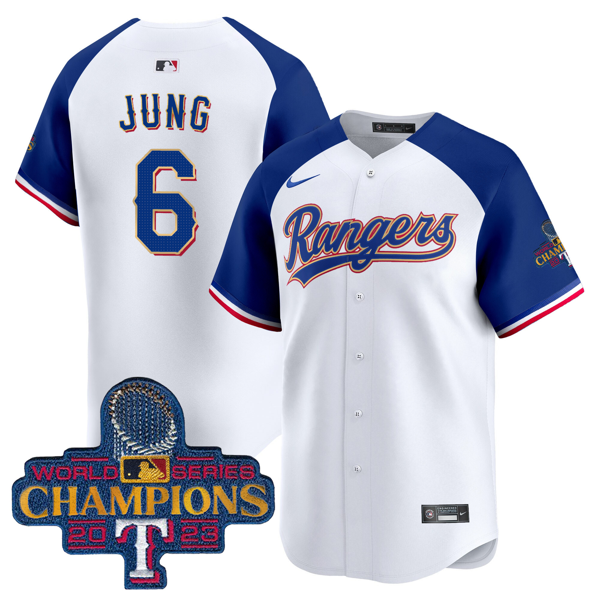 Men's Texas Rangers 2023 World Series Champions Gold Trim Vapor Premier Limited Jersey - All Stitched