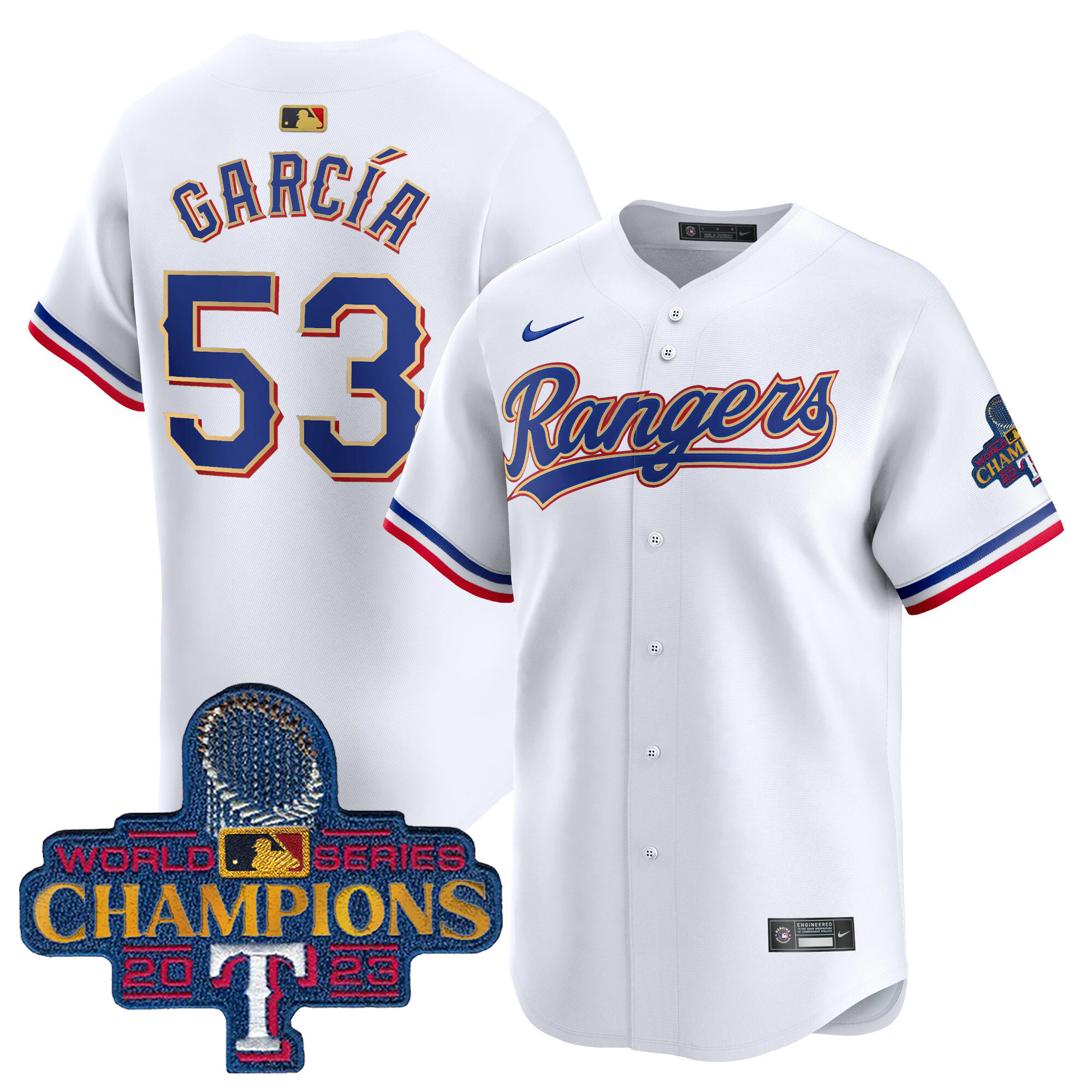 Men's Texas Rangers 2023 World Series Champions Gold Trim Vapor Premier Limited Jersey - All Stitched