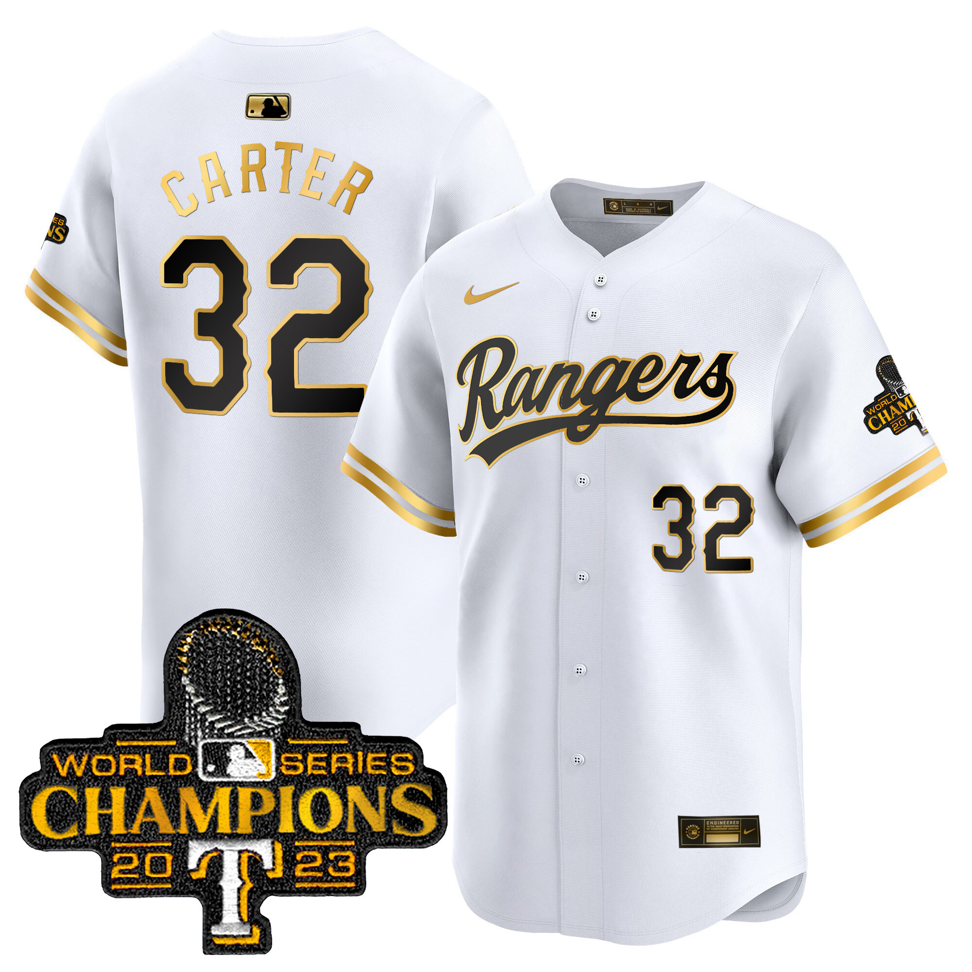 Men's Texas Rangers 2023 World Series Champions Gold Trim Vapor Premier Limited Jersey - All Stitched