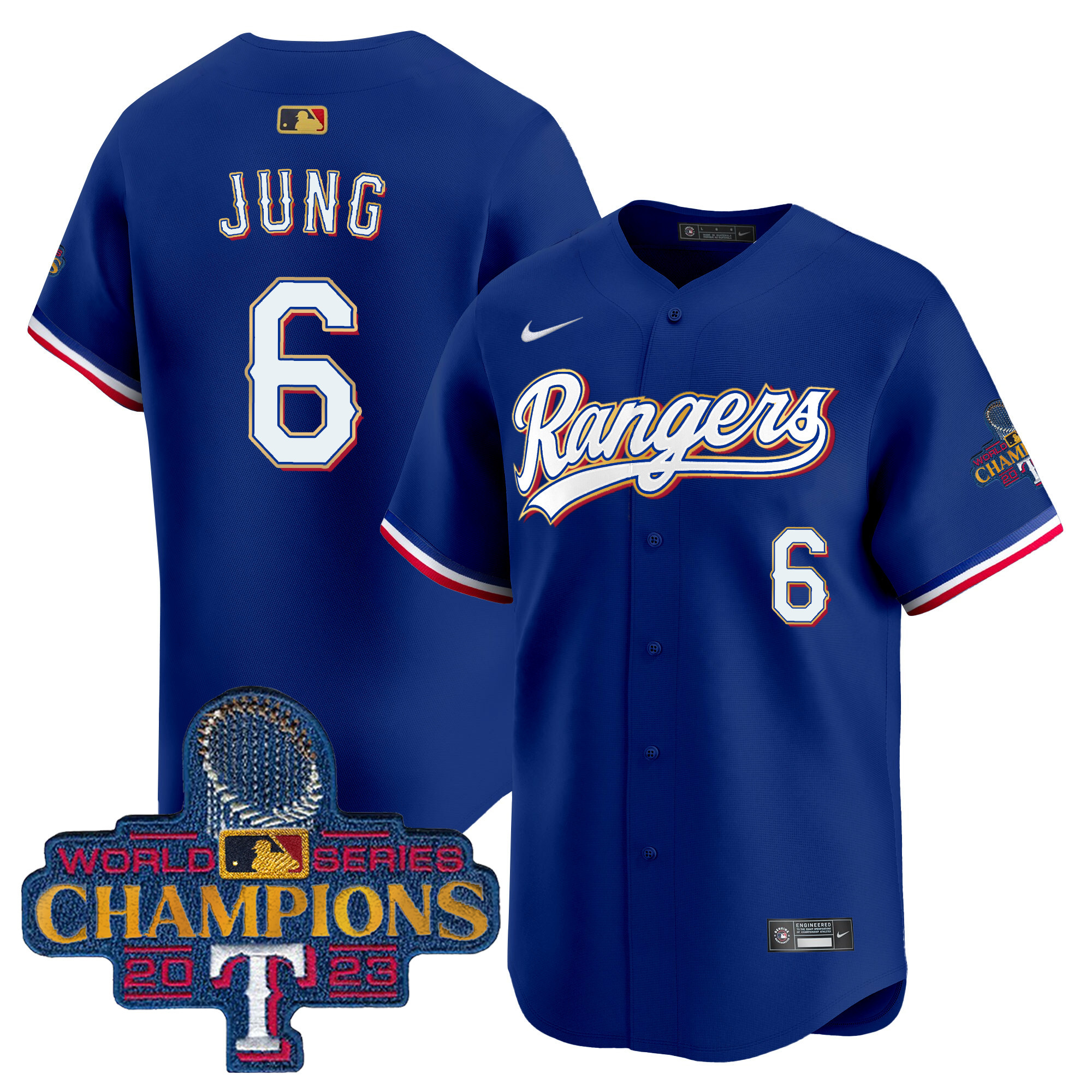 Men's Texas Rangers 2023 World Series Champions Gold Trim Vapor Premier Limited Jersey - All Stitched