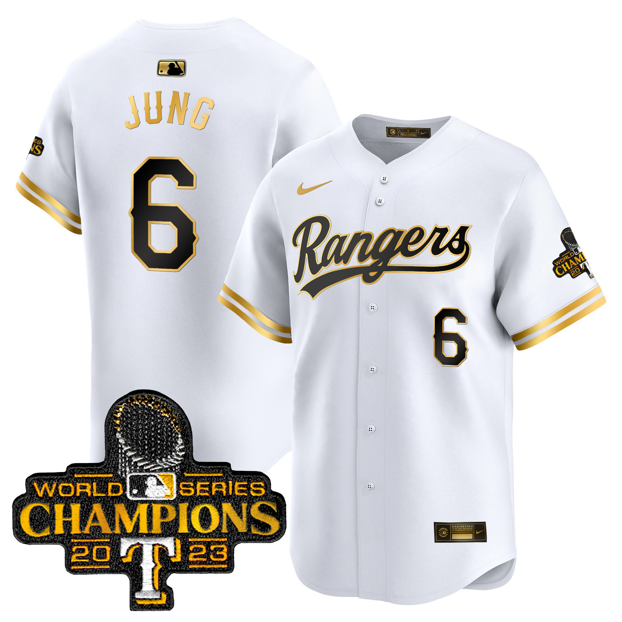 Men's Texas Rangers 2023 World Series Champions Gold Trim Vapor Premier Limited Jersey - All Stitched