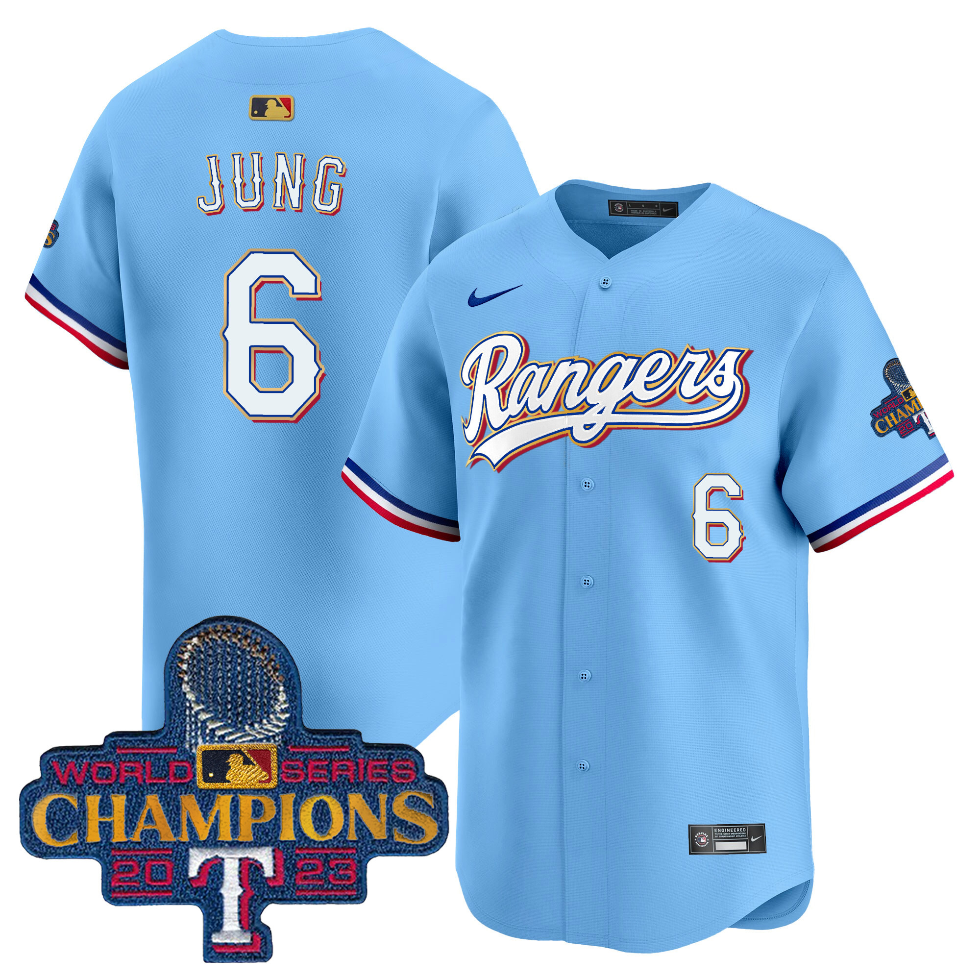 Men's Texas Rangers 2023 World Series Champions Gold Trim Vapor Premier Limited Jersey - All Stitched