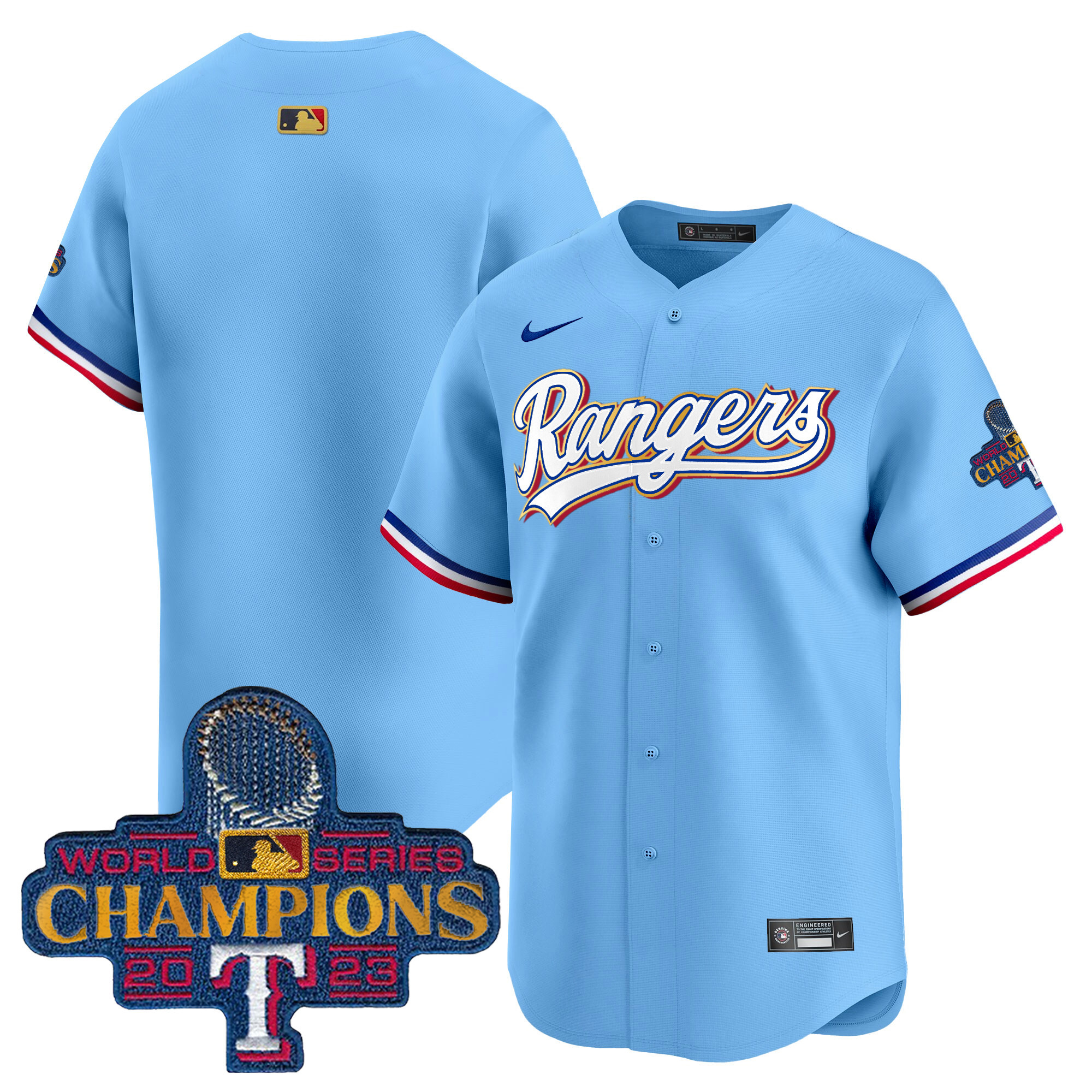 Men's Texas Rangers 2023 World Series Champions Gold Trim Vapor Premier Limited Jersey - All Stitched
