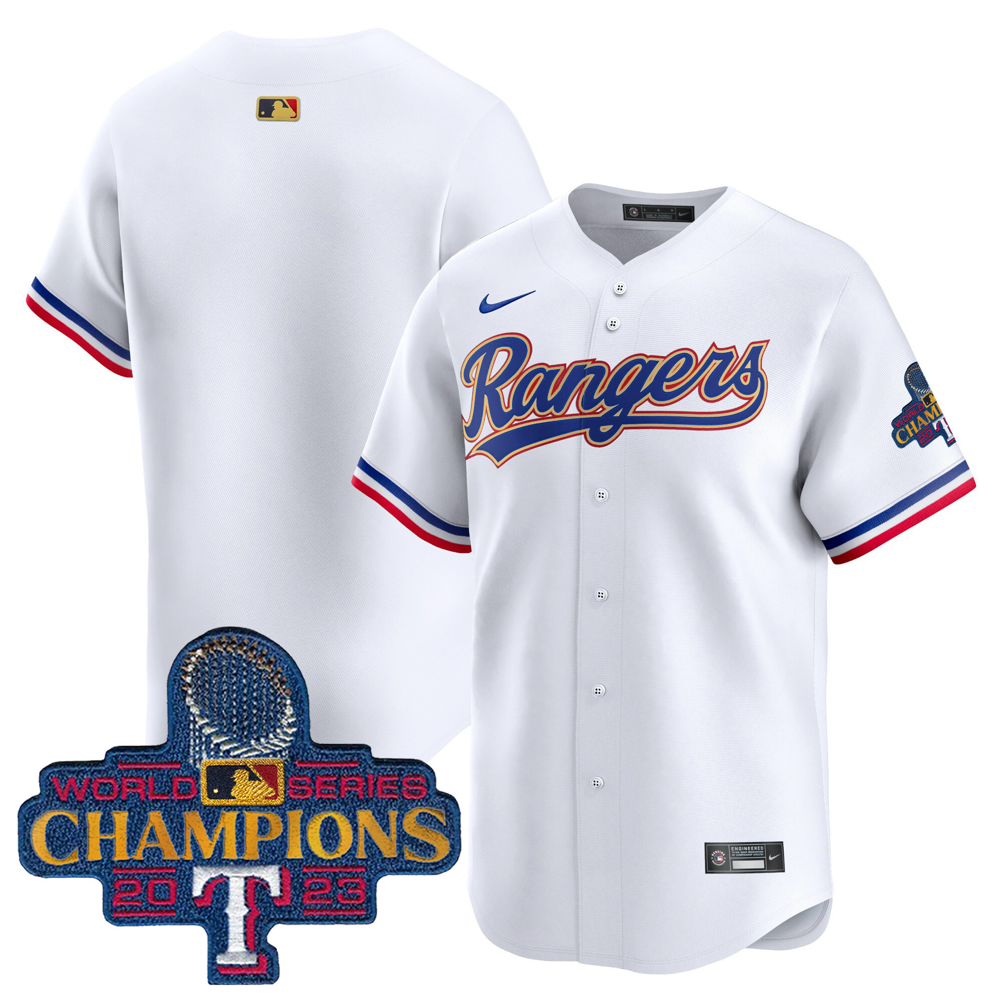 Men's Texas Rangers 2023 World Series Champions Gold Trim Vapor Premier Limited Jersey - All Stitched