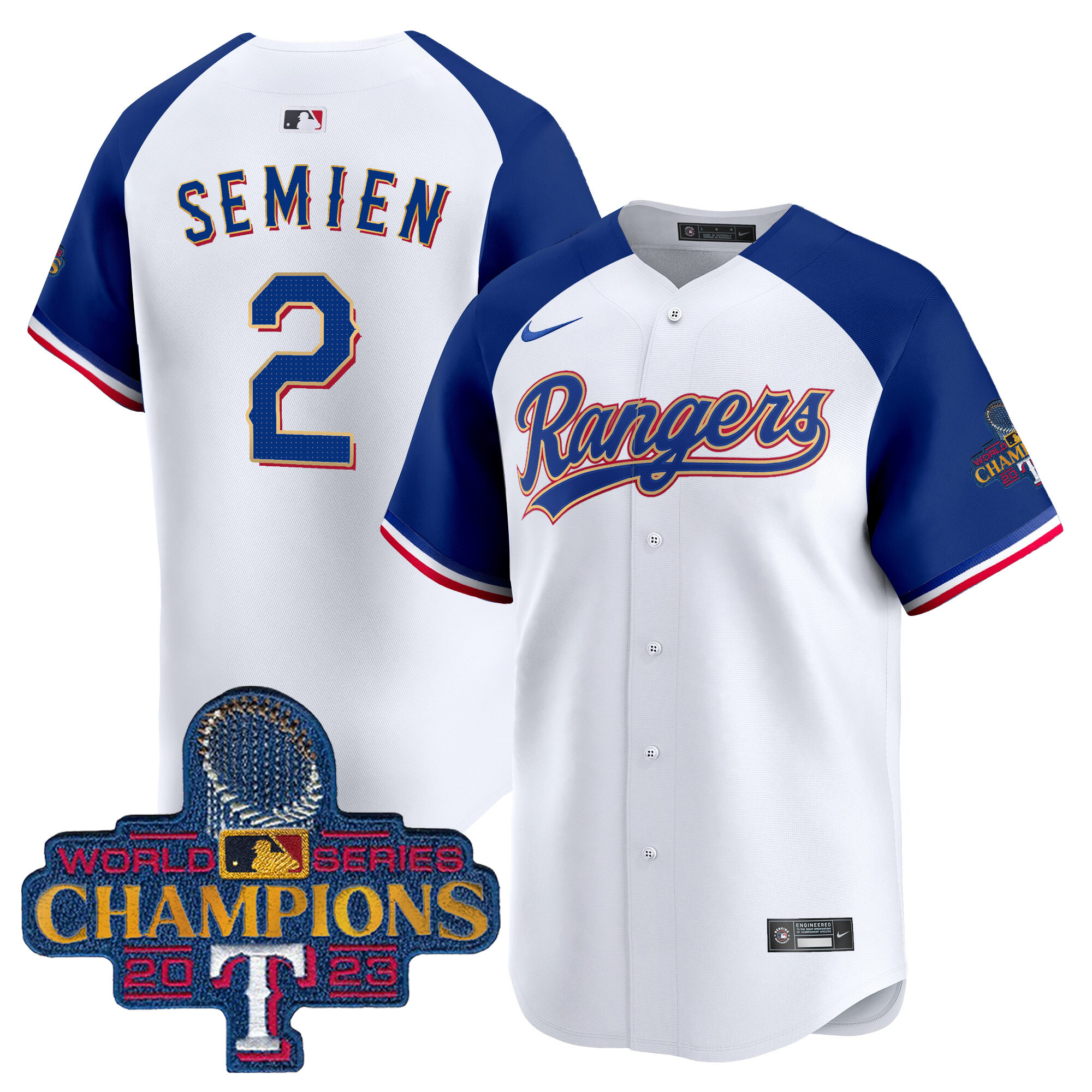 Men's Texas Rangers 2023 World Series Champions Gold Trim Vapor Premier Limited Jersey - All Stitched