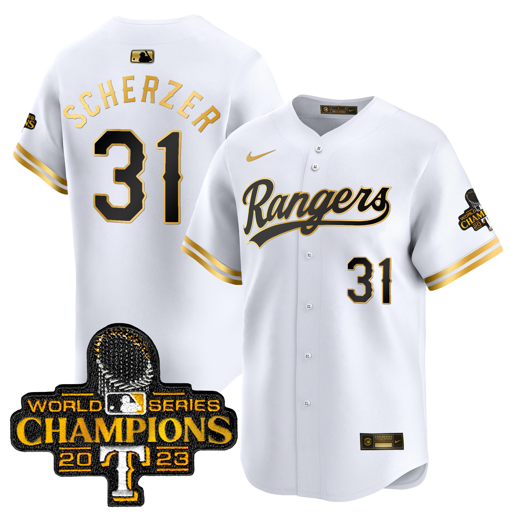 Men's Texas Rangers 2023 World Series Champions Gold Trim Vapor Premier Limited Jersey - All Stitched