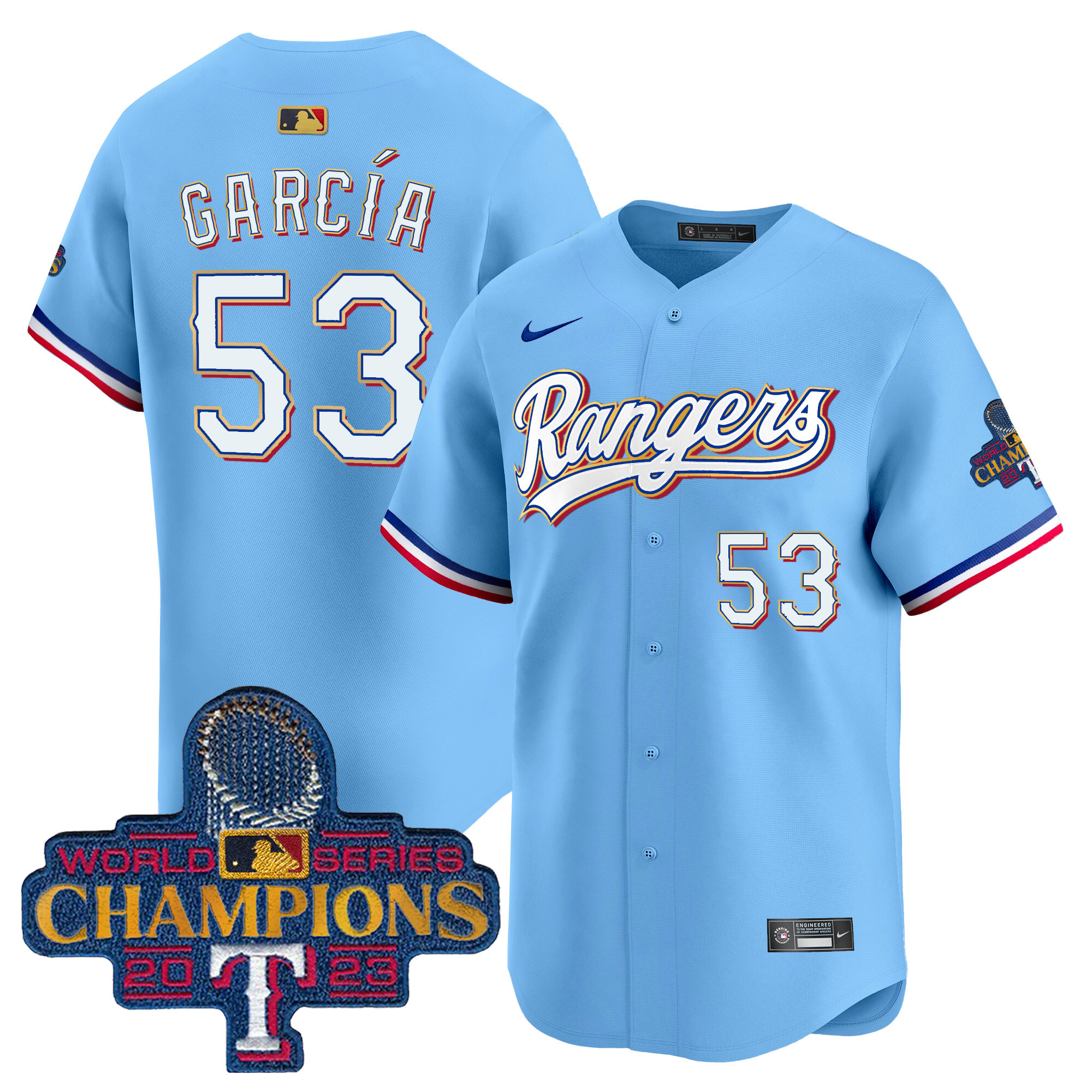 Men's Texas Rangers 2023 World Series Champions Gold Trim Vapor Premier Limited Jersey - All Stitched