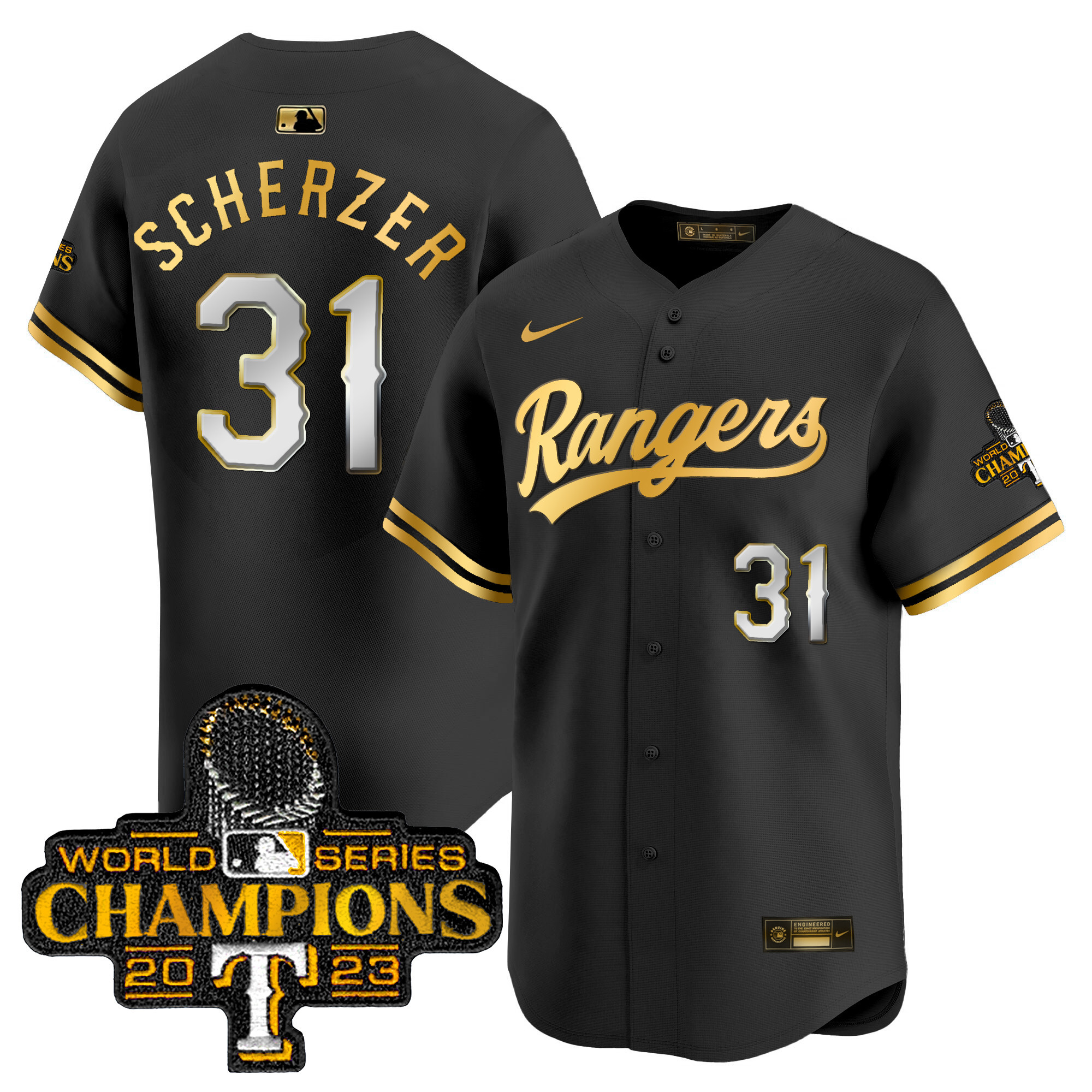 Men's Texas Rangers 2023 World Series Champions Gold Trim Vapor Premier Limited Jersey - All Stitched