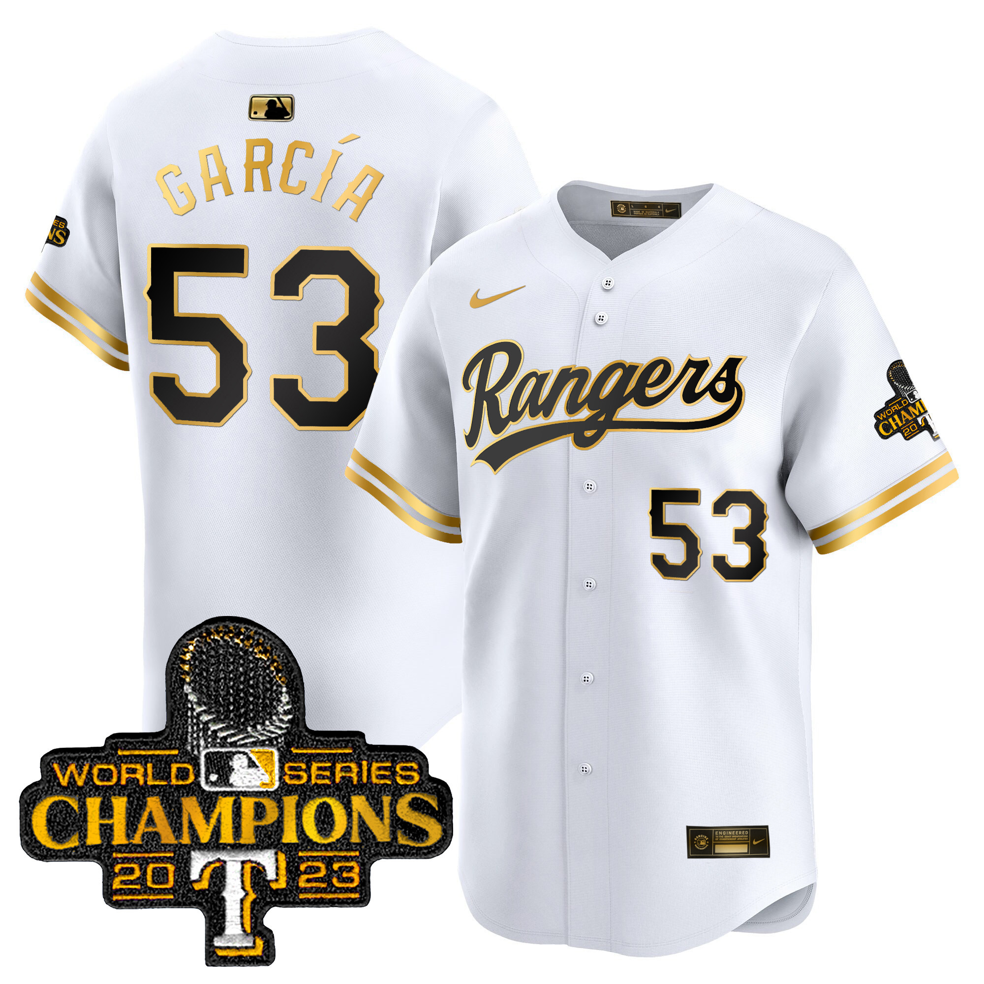 Men's Texas Rangers 2023 World Series Champions Gold Trim Vapor Premier Limited Jersey - All Stitched