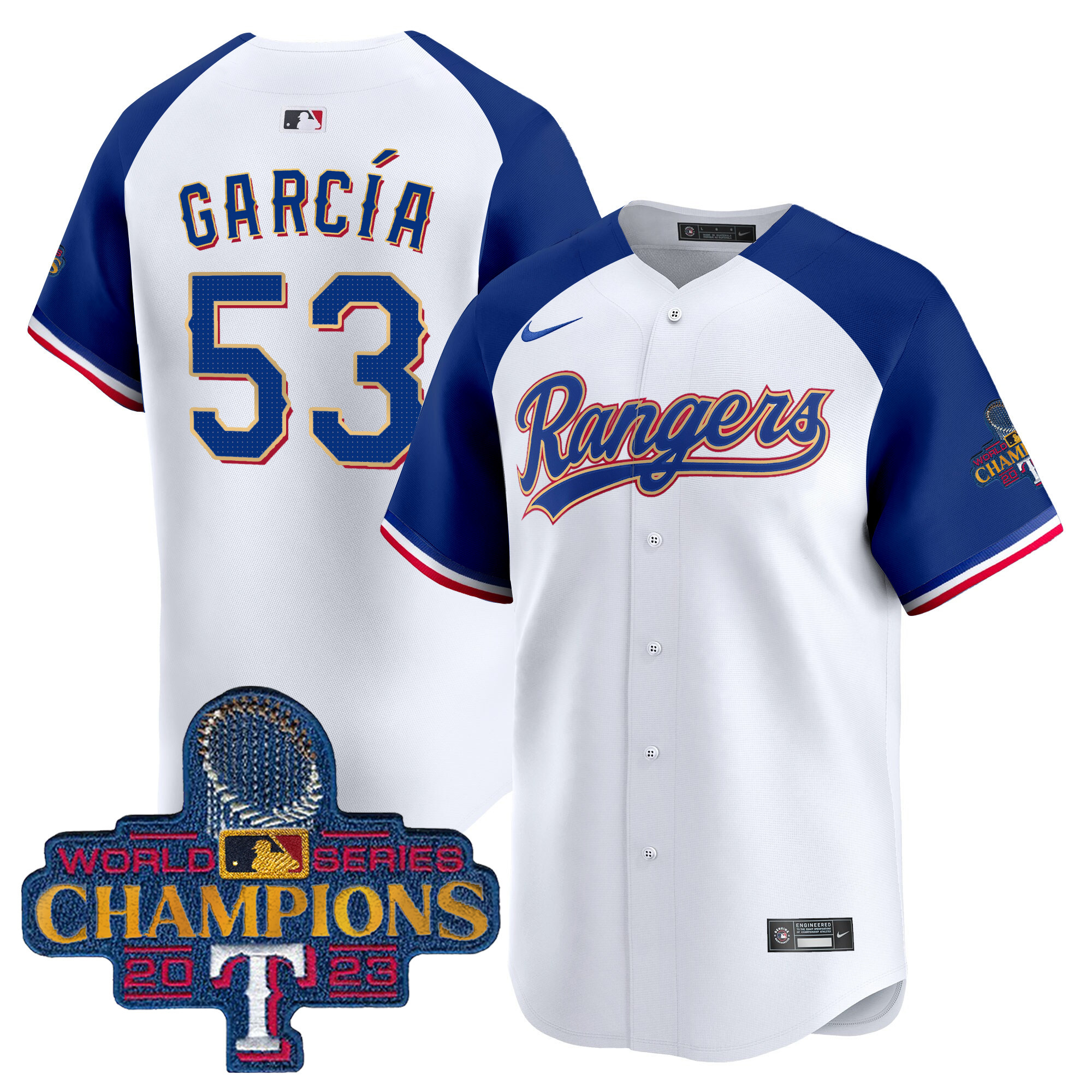 Men's Texas Rangers 2023 World Series Champions Gold Trim Vapor Premier Limited Jersey - All Stitched