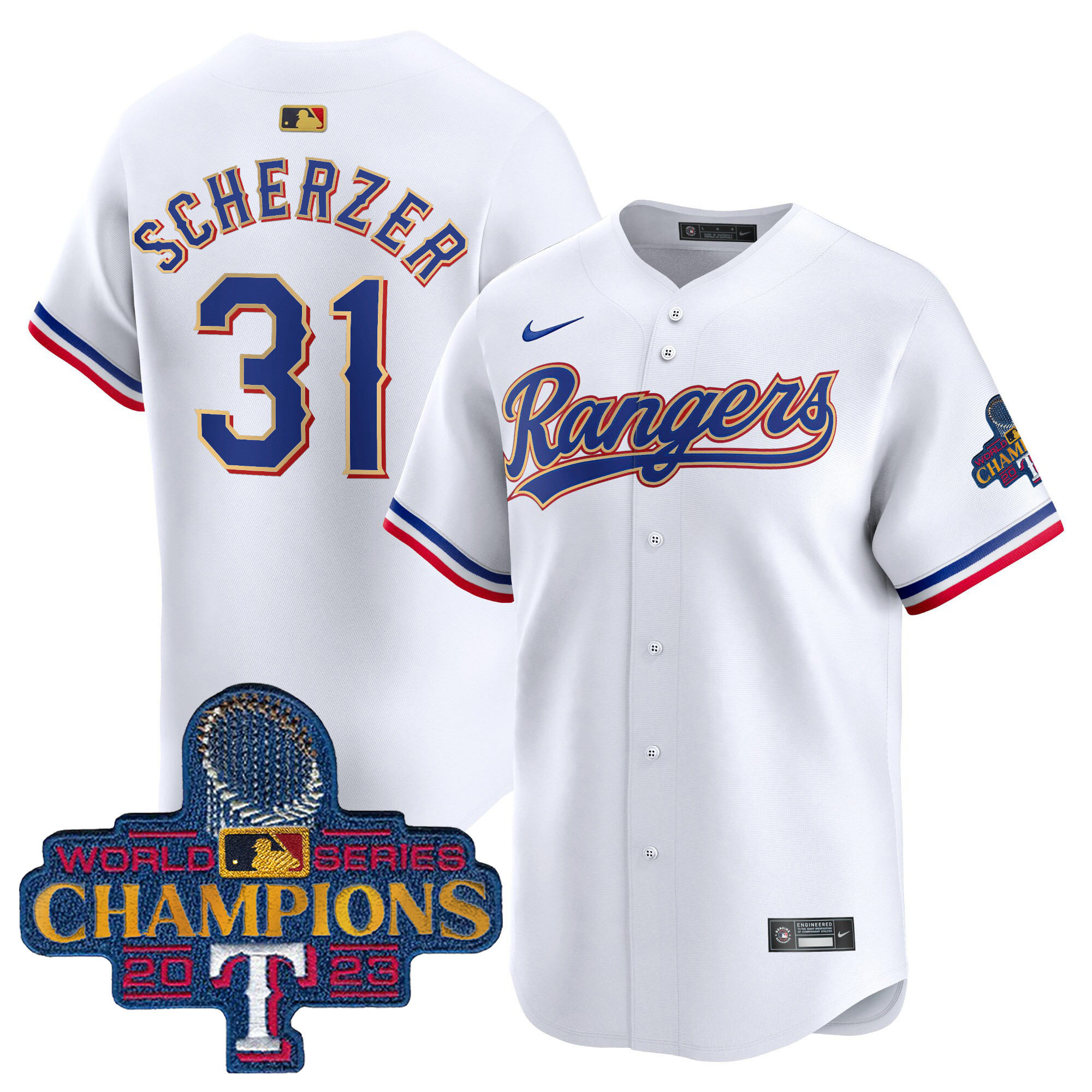 Men's Texas Rangers 2023 World Series Champions Gold Trim Vapor Premier Limited Jersey - All Stitched