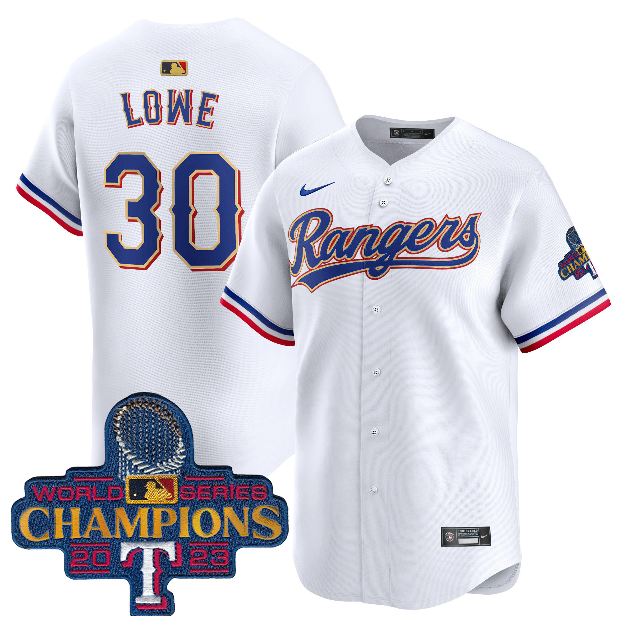 Men's Texas Rangers 2023 World Series Champions Gold Trim Vapor Premier Limited Jersey - All Stitched