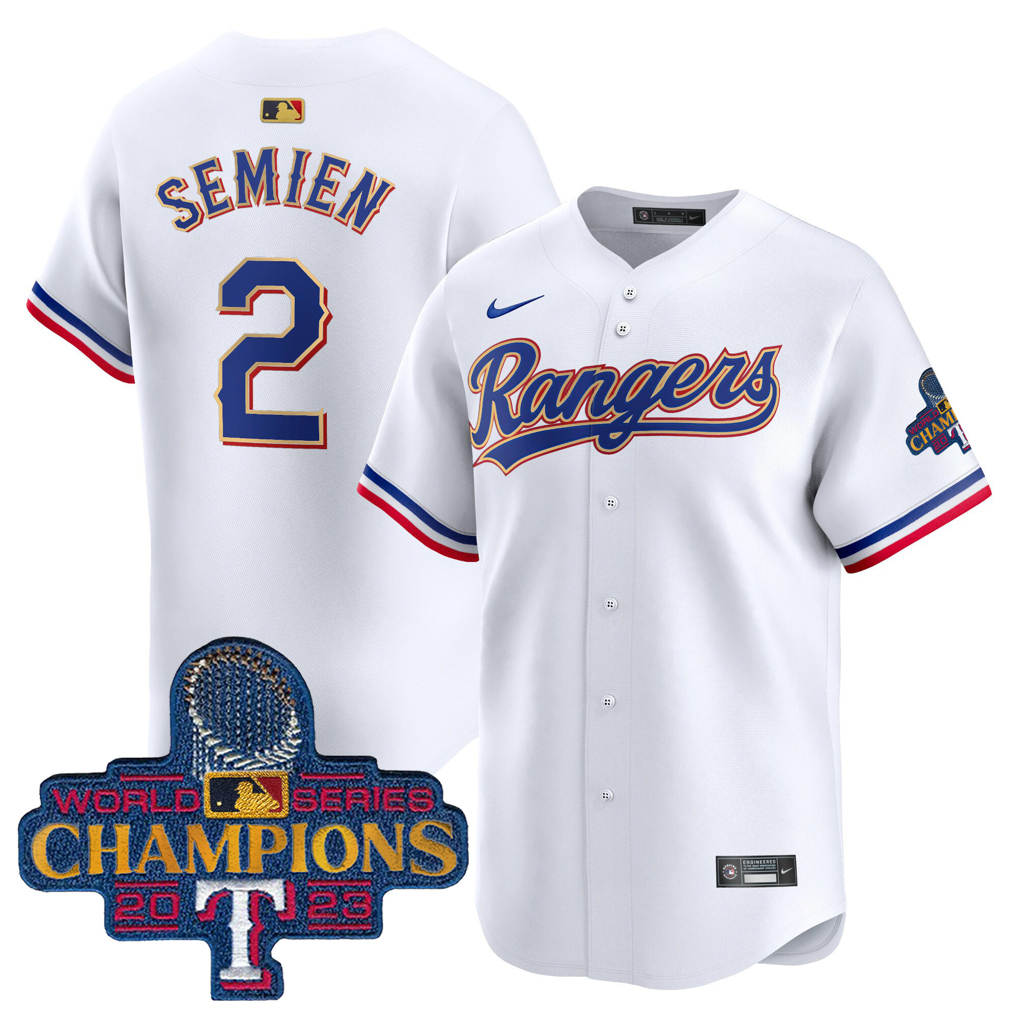 Men's Texas Rangers 2023 World Series Champions Gold Trim Vapor Premier Limited Jersey - All Stitched