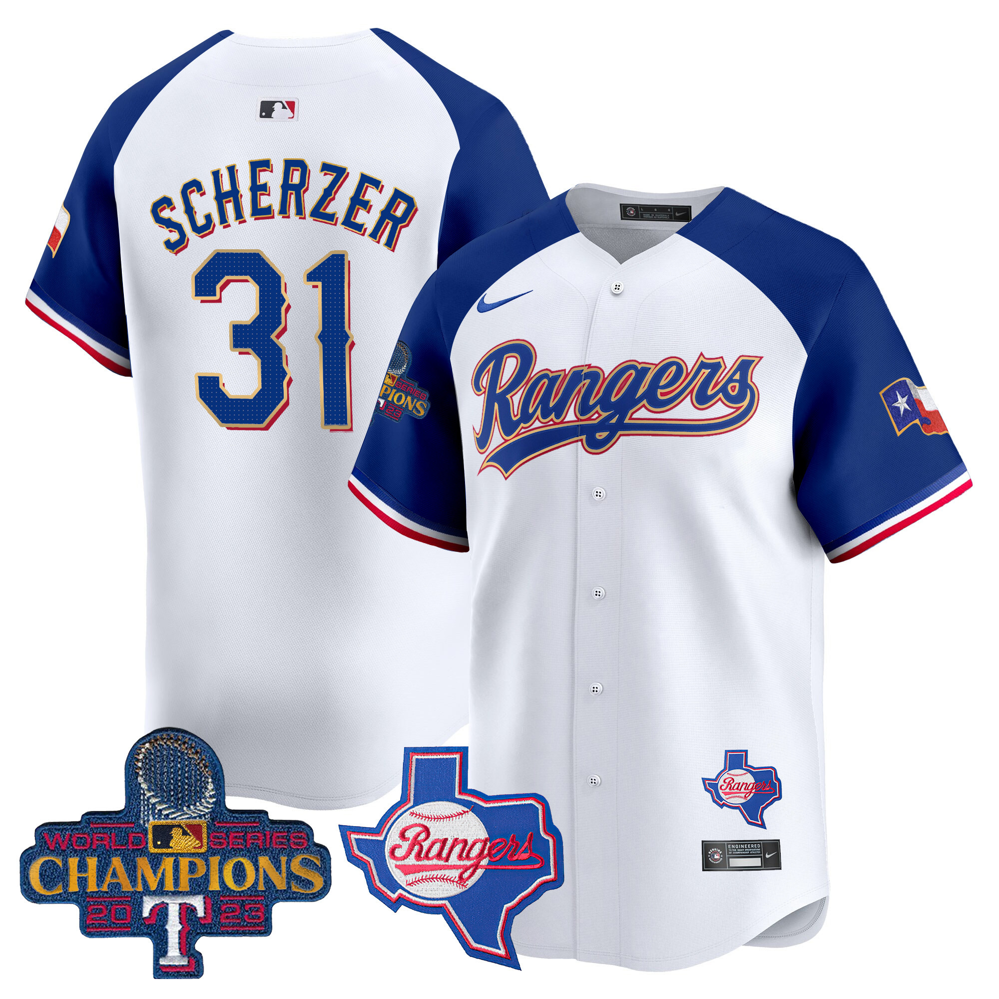 Men's Texas Rangers 2023 World Series Champions Gold Trim Vapor Premier Limited Jersey V2 - All Stitched