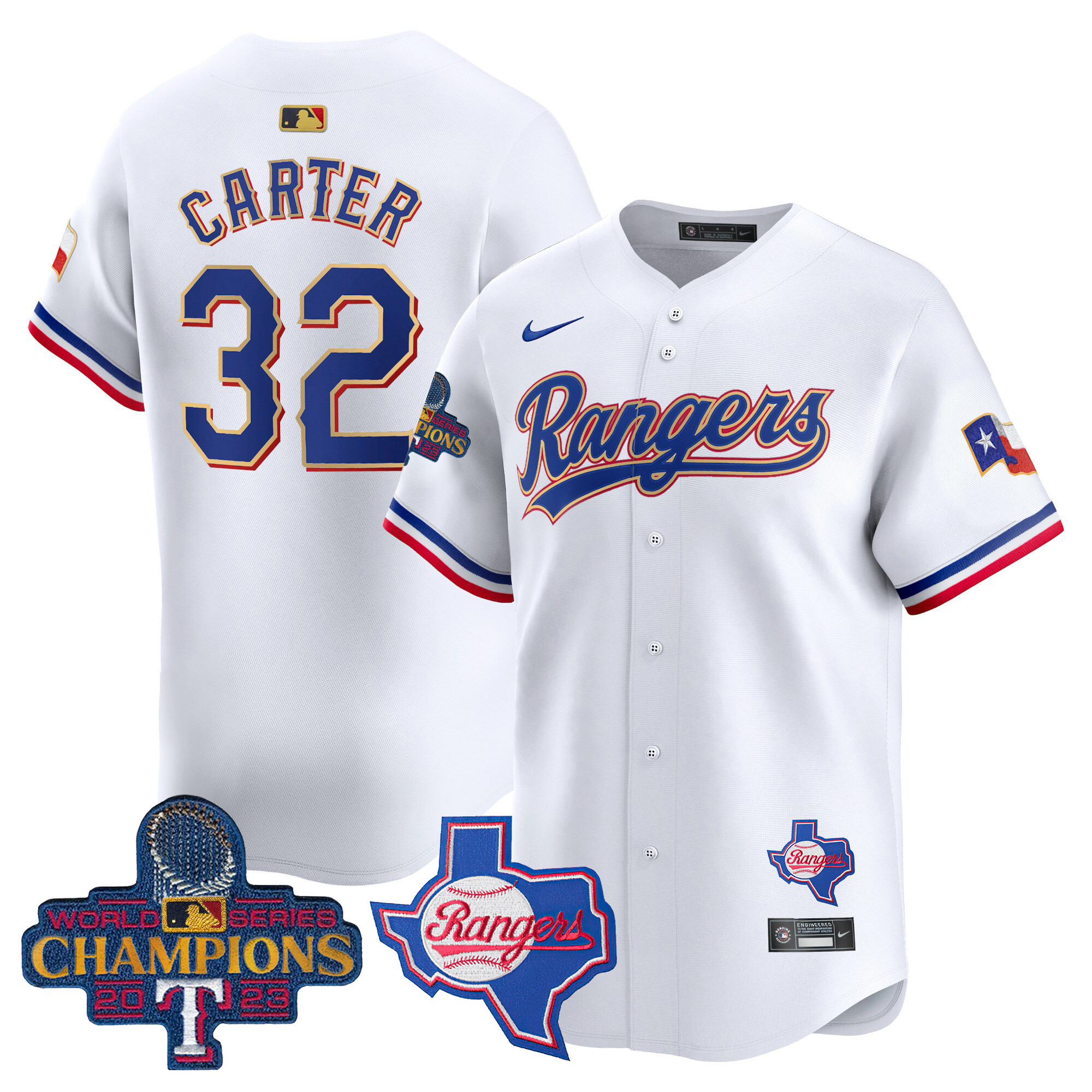 Men's Texas Rangers 2023 World Series Champions Gold Trim Vapor Premier Limited Jersey V2 - All Stitched