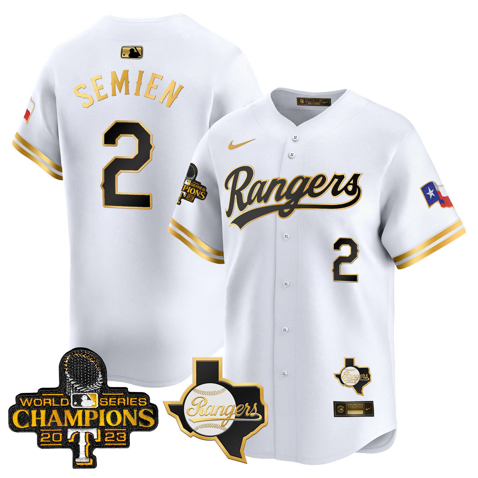 Men's Texas Rangers 2023 World Series Champions Gold Trim Vapor Premier Limited Jersey V2 - All Stitched