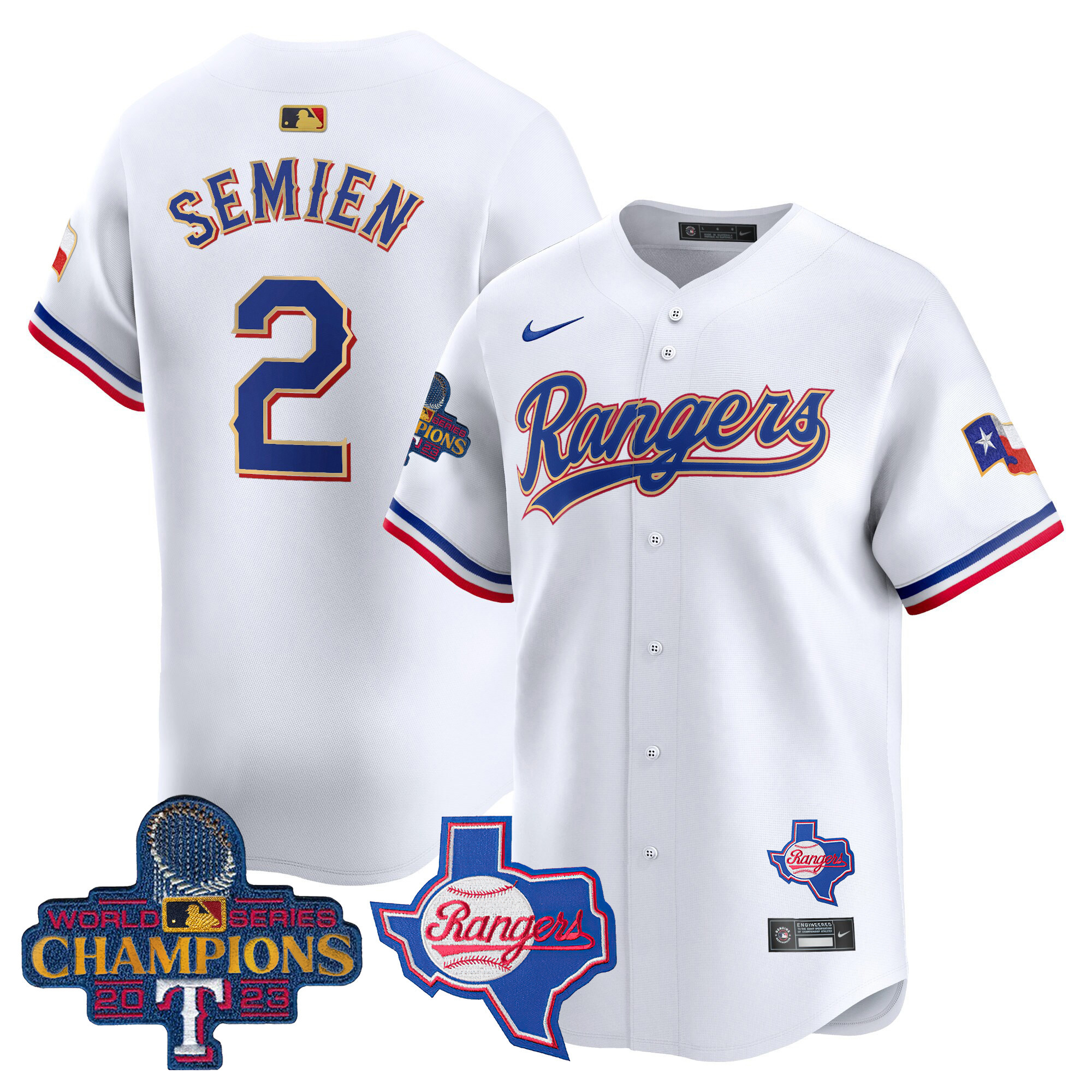 Men's Texas Rangers 2023 World Series Champions Gold Trim Vapor Premier Limited Jersey V2 - All Stitched