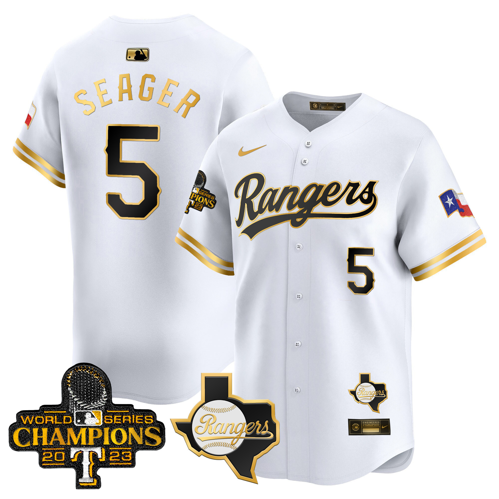 Men's Texas Rangers 2023 World Series Champions Gold Trim Vapor Premier Limited Jersey V2 - All Stitched