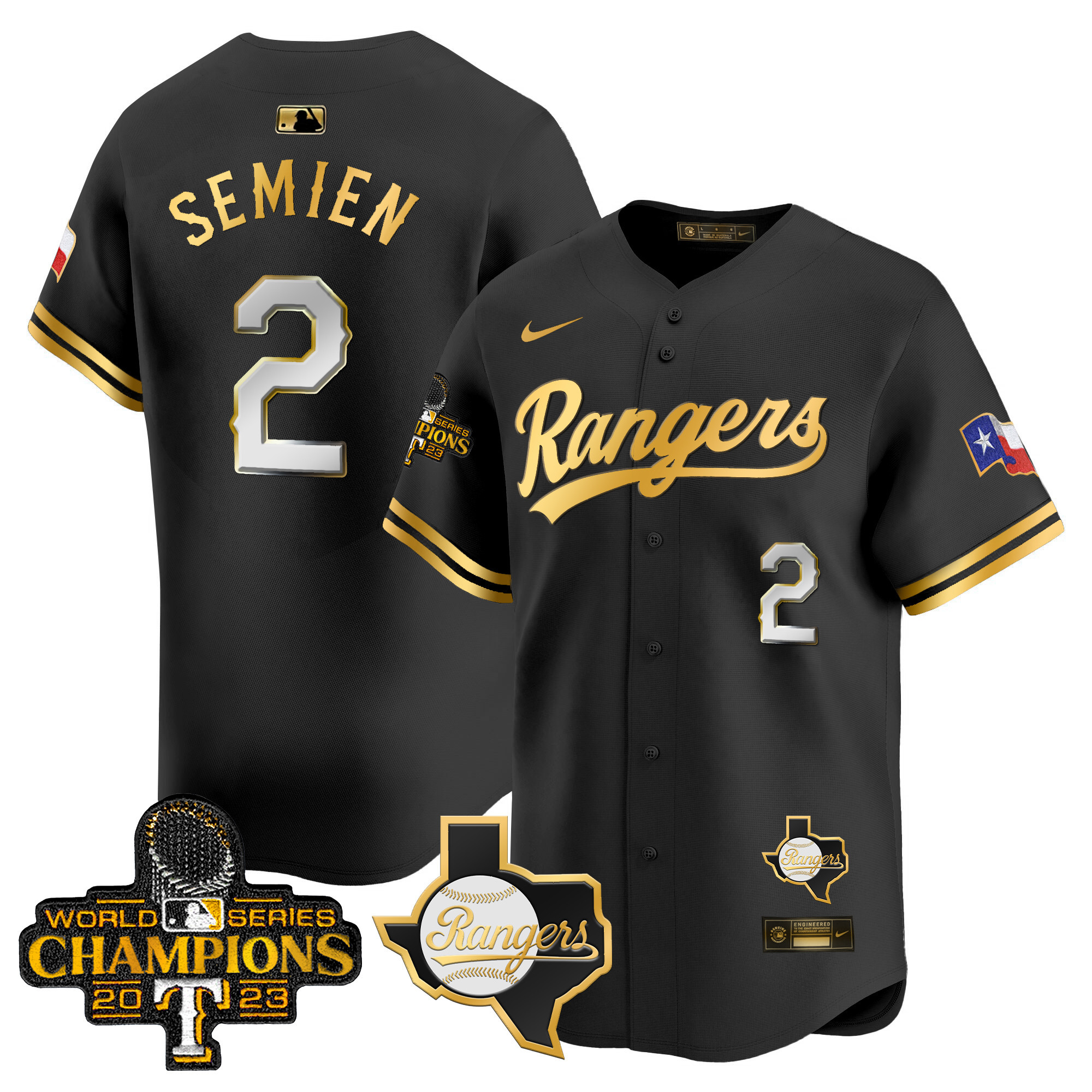 Men's Texas Rangers 2023 World Series Champions Gold Trim Vapor Premier Limited Jersey V2 - All Stitched