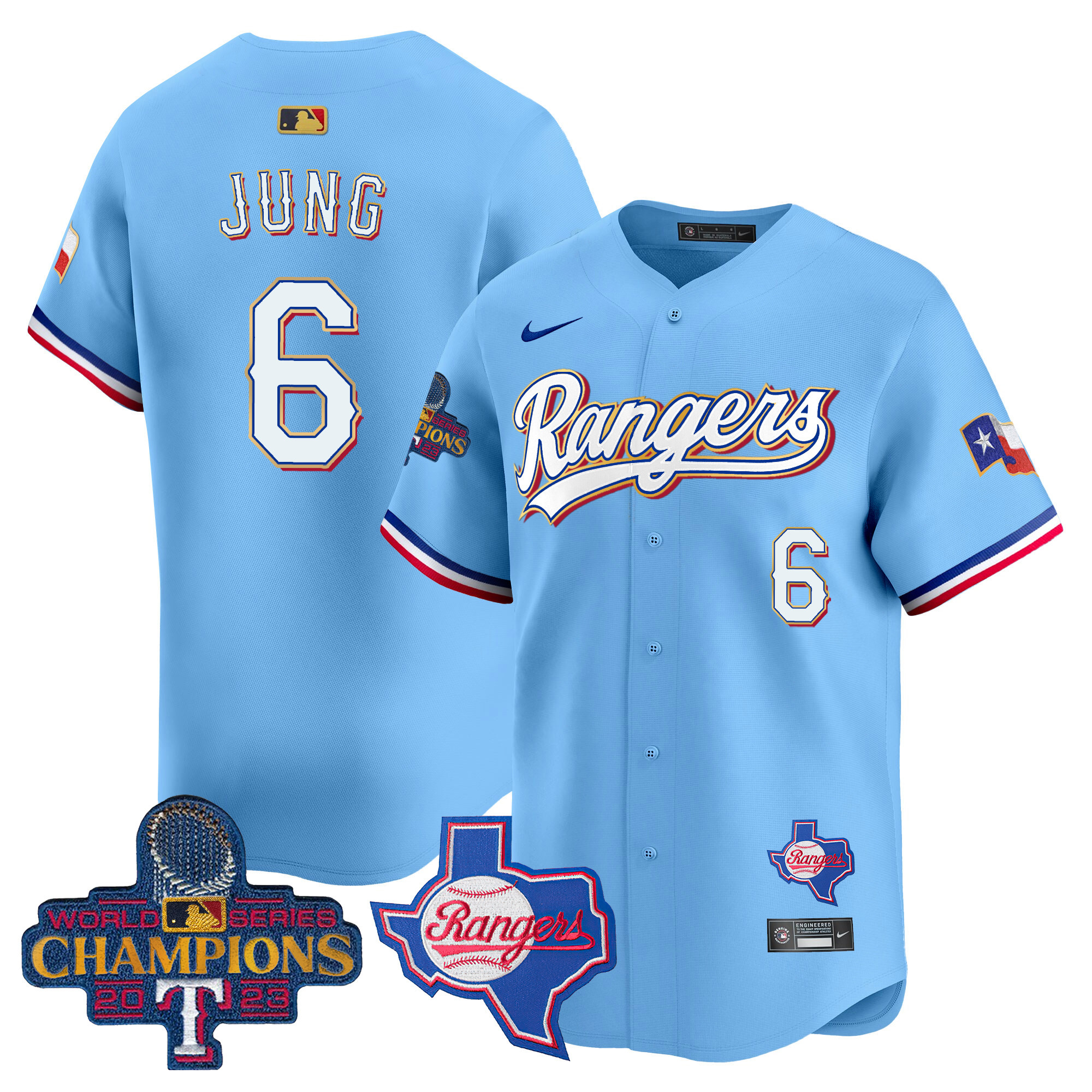 Men's Texas Rangers 2023 World Series Champions Gold Trim Vapor Premier Limited Jersey V2 - All Stitched