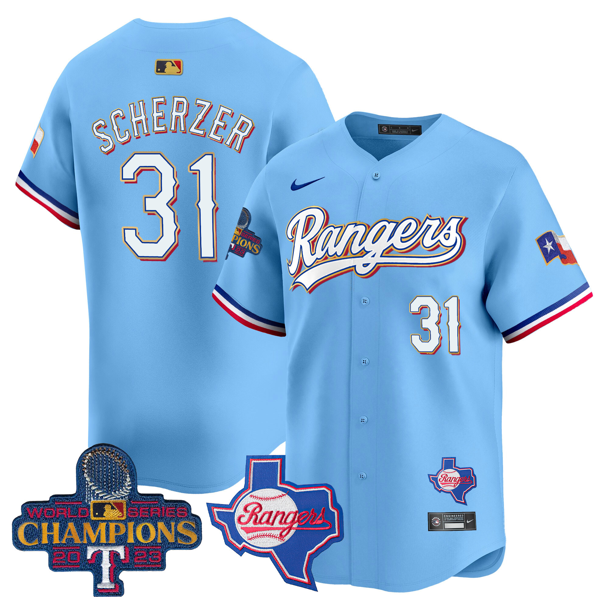 Men's Texas Rangers 2023 World Series Champions Gold Trim Vapor Premier Limited Jersey V2 - All Stitched