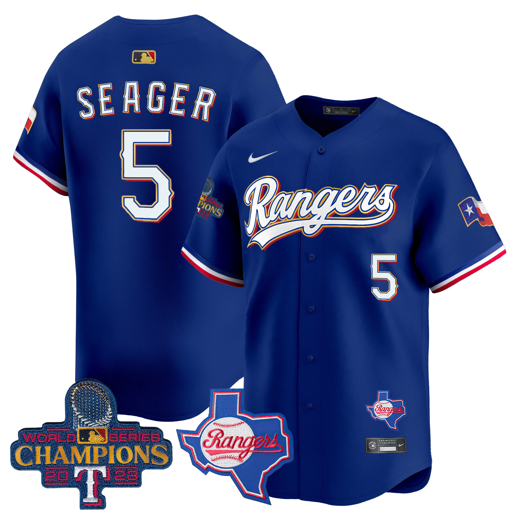 Men's Texas Rangers 2023 World Series Champions Gold Trim Vapor Premier Limited Jersey V2 - All Stitched