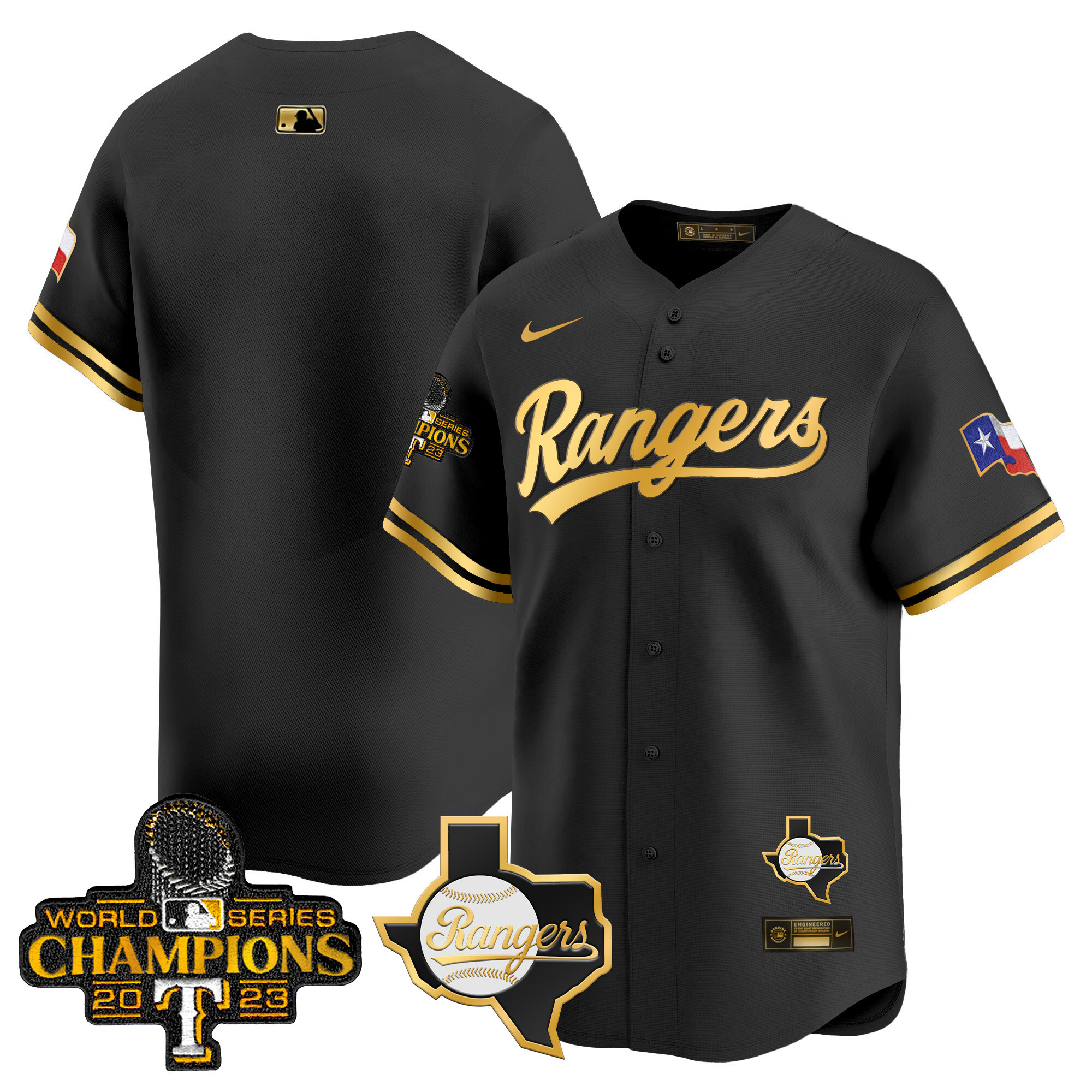 Men's Texas Rangers 2023 World Series Champions Gold Trim Vapor Premier Limited Jersey V2 - All Stitched