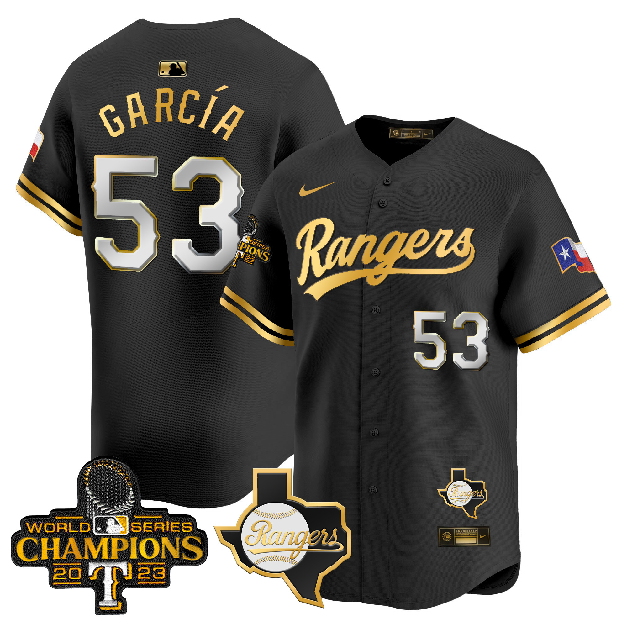 Men's Texas Rangers 2023 World Series Champions Gold Trim Vapor Premier Limited Jersey V2 - All Stitched