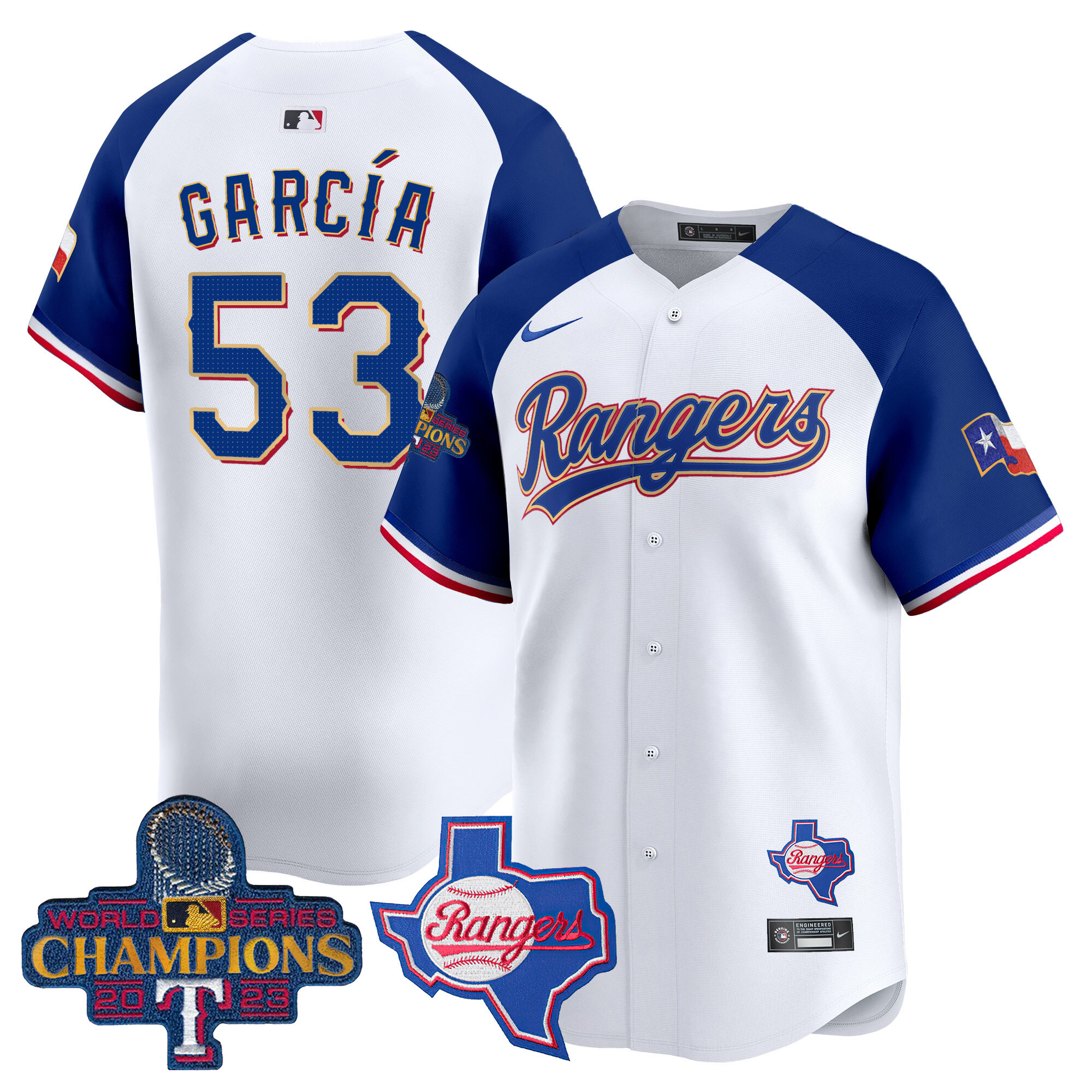 Men's Texas Rangers 2023 World Series Champions Gold Trim Vapor Premier Limited Jersey V2 - All Stitched
