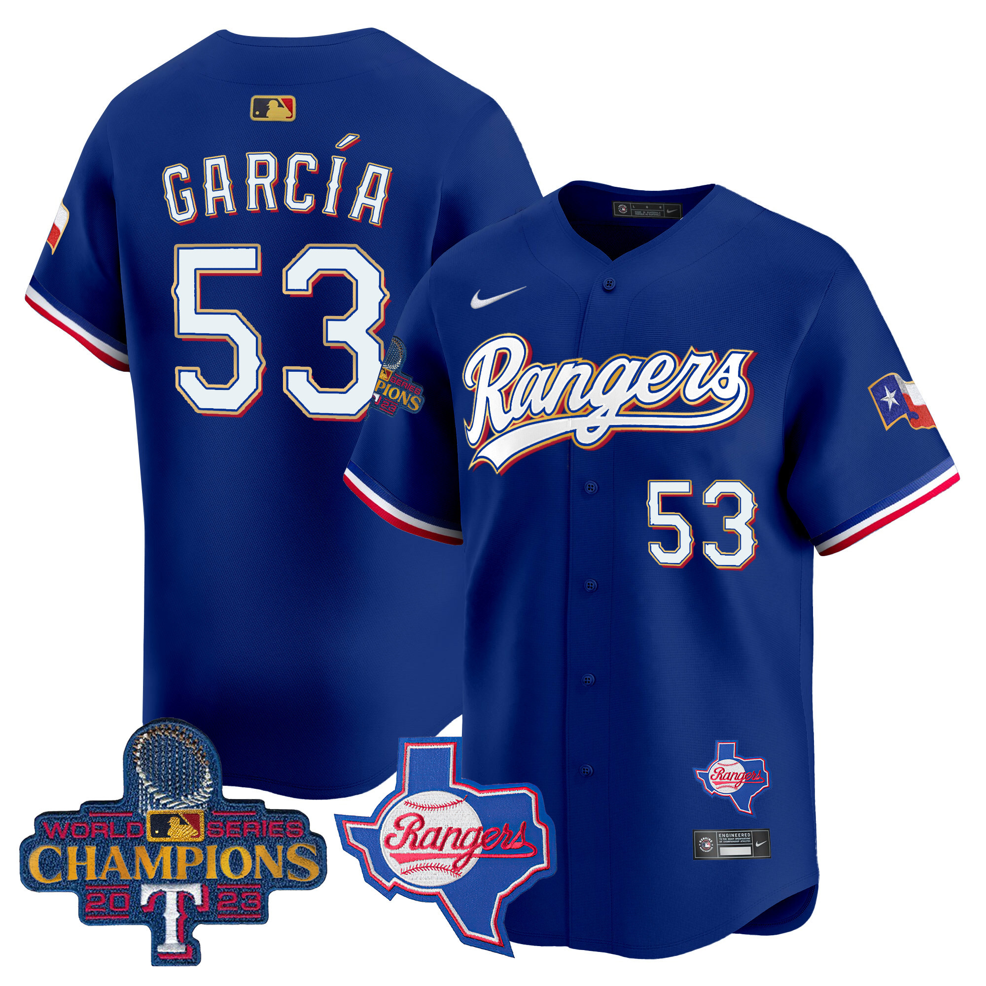 Men's Texas Rangers 2023 World Series Champions Gold Trim Vapor Premier Limited Jersey V2 - All Stitched
