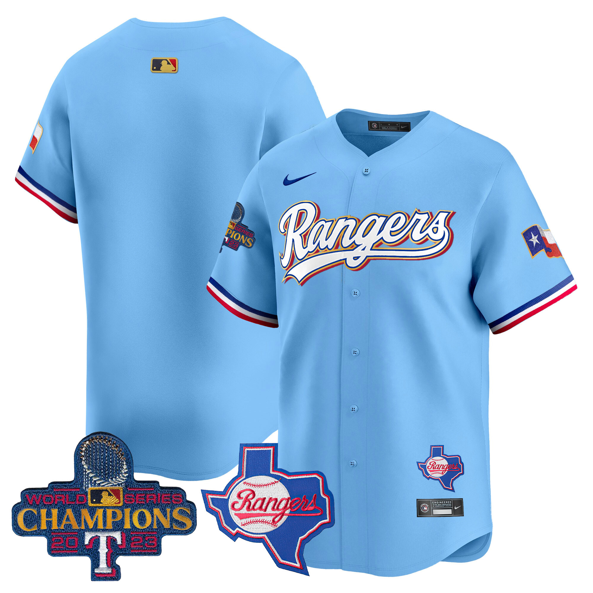 Men's Texas Rangers 2023 World Series Champions Gold Trim Vapor Premier Limited Jersey V2 - All Stitched