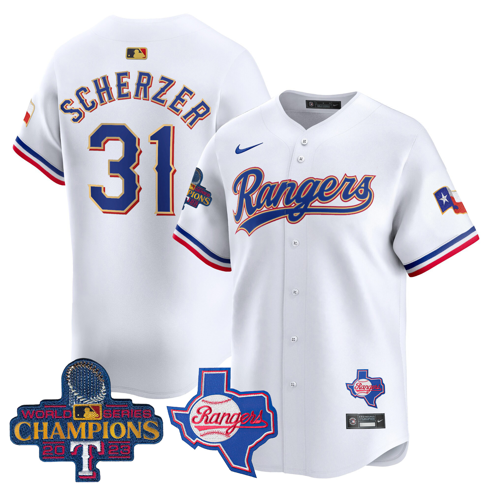 Men's Texas Rangers 2023 World Series Champions Gold Trim Vapor Premier Limited Jersey V2 - All Stitched