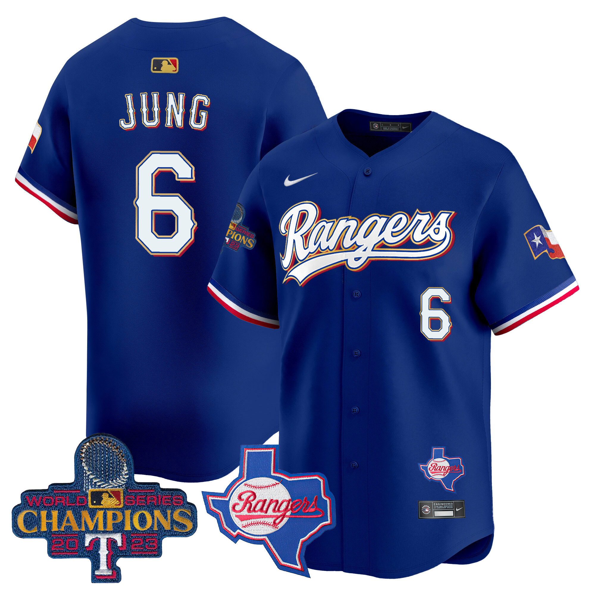 Men's Texas Rangers 2023 World Series Champions Gold Trim Vapor Premier Limited Jersey V2 - All Stitched