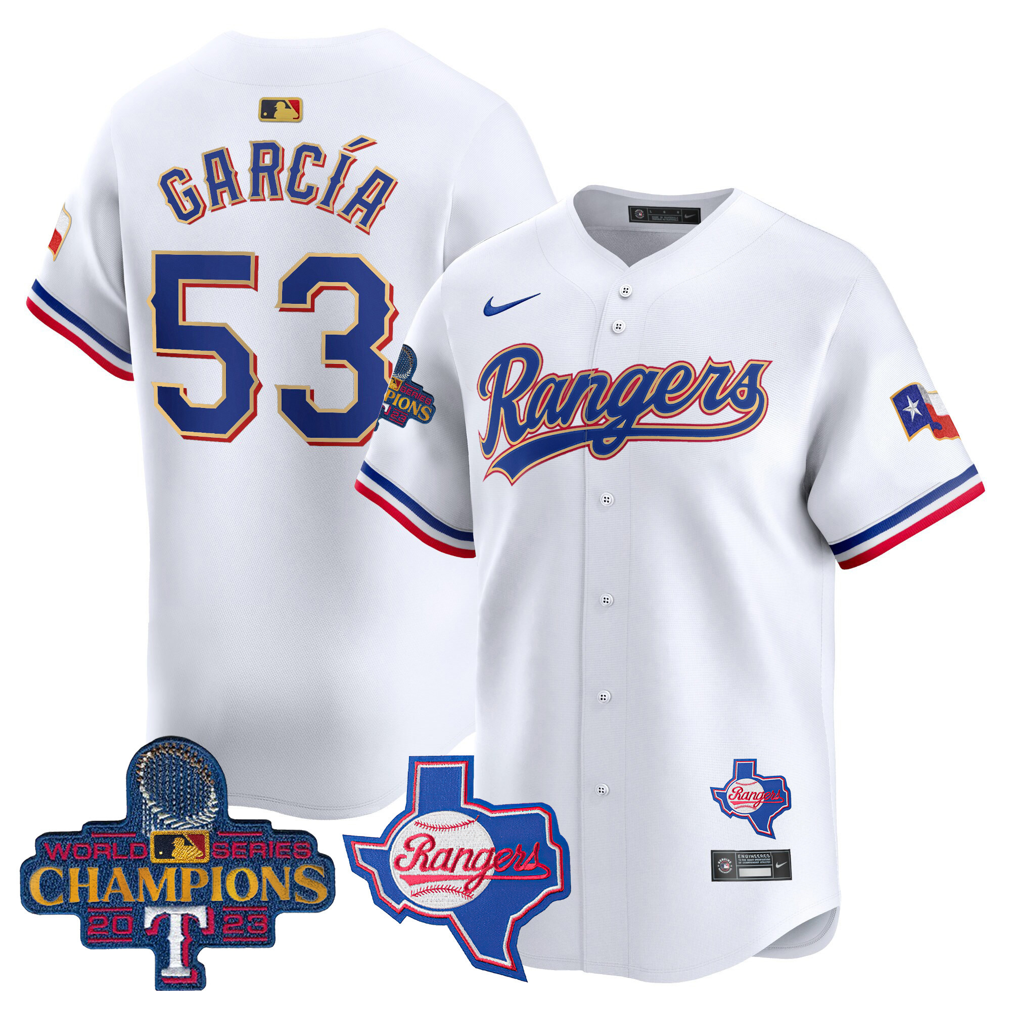 Men's Texas Rangers 2023 World Series Champions Gold Trim Vapor Premier Limited Jersey V2 - All Stitched