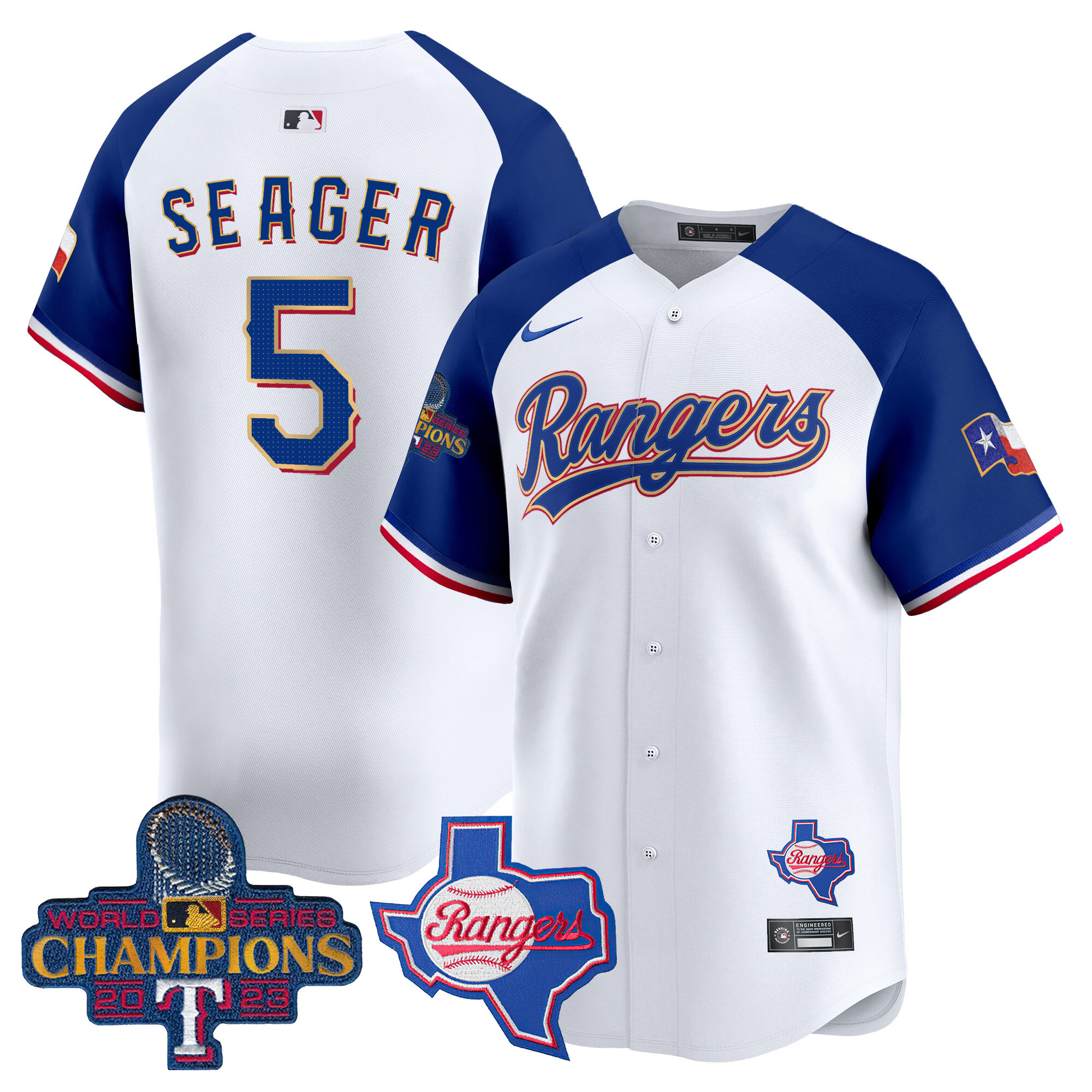 Men's Texas Rangers 2023 World Series Champions Gold Trim Vapor Premier Limited Jersey V2 - All Stitched