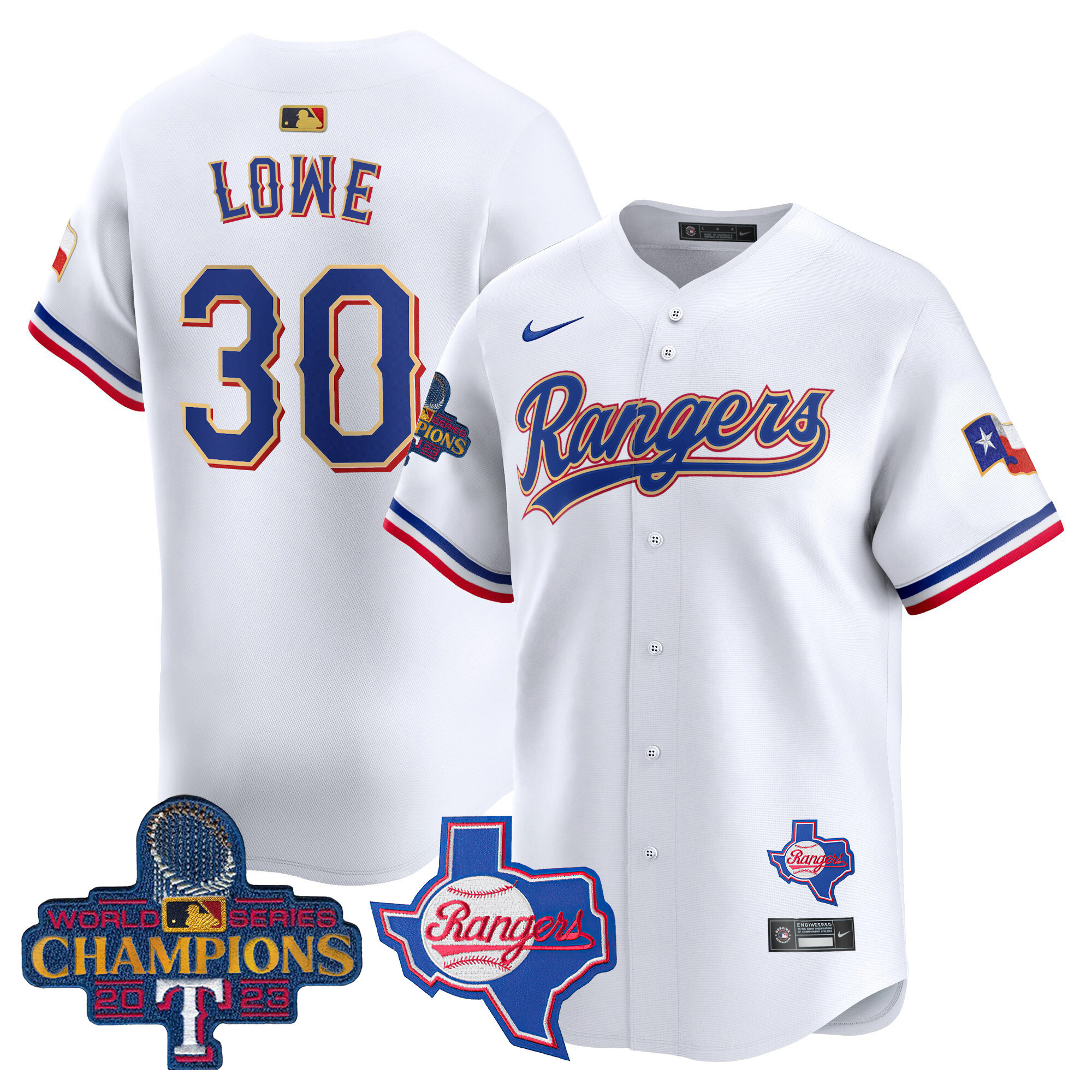 Men's Texas Rangers 2023 World Series Champions Gold Trim Vapor Premier Limited Jersey V2 - All Stitched