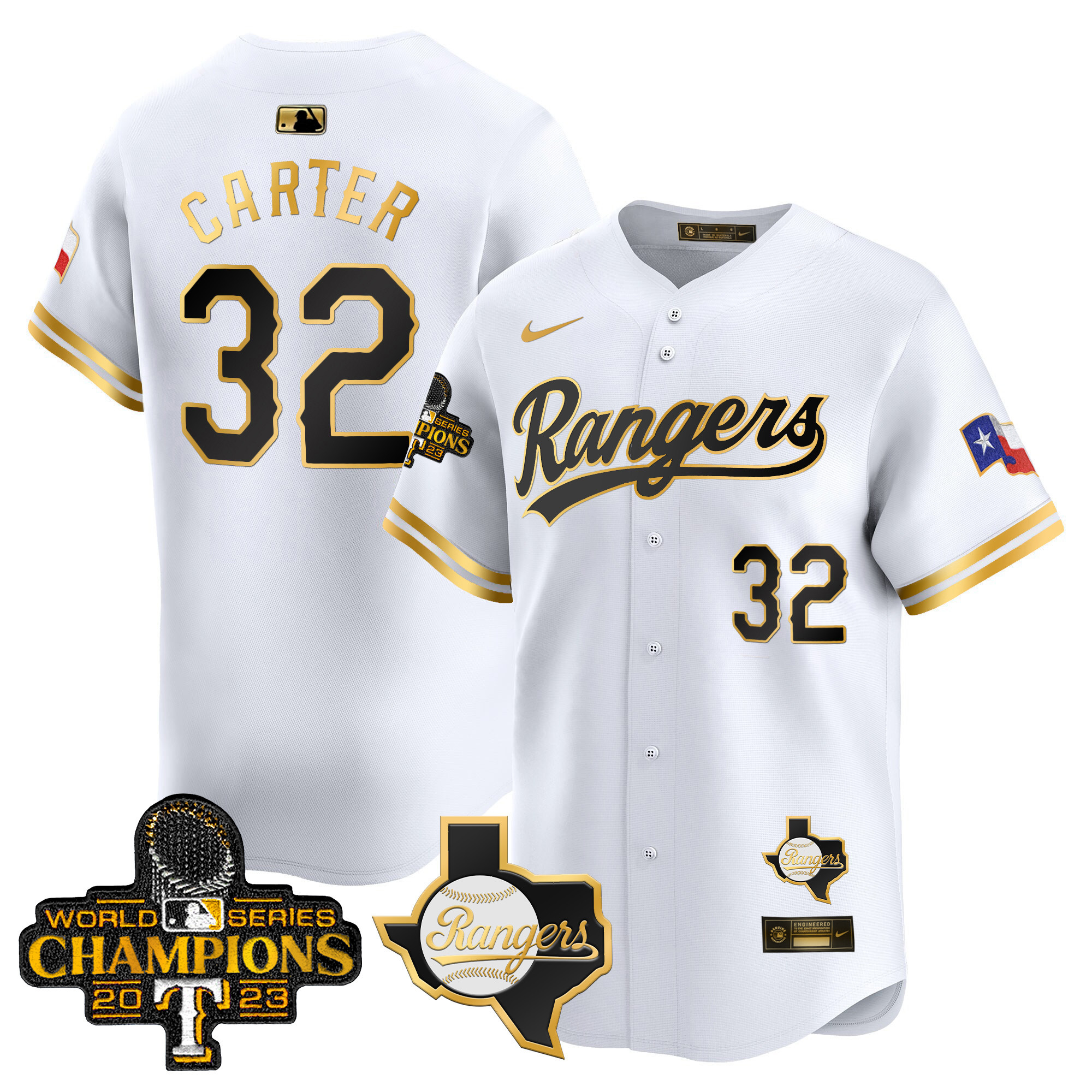 Men's Texas Rangers 2023 World Series Champions Gold Trim Vapor Premier Limited Jersey V2 - All Stitched