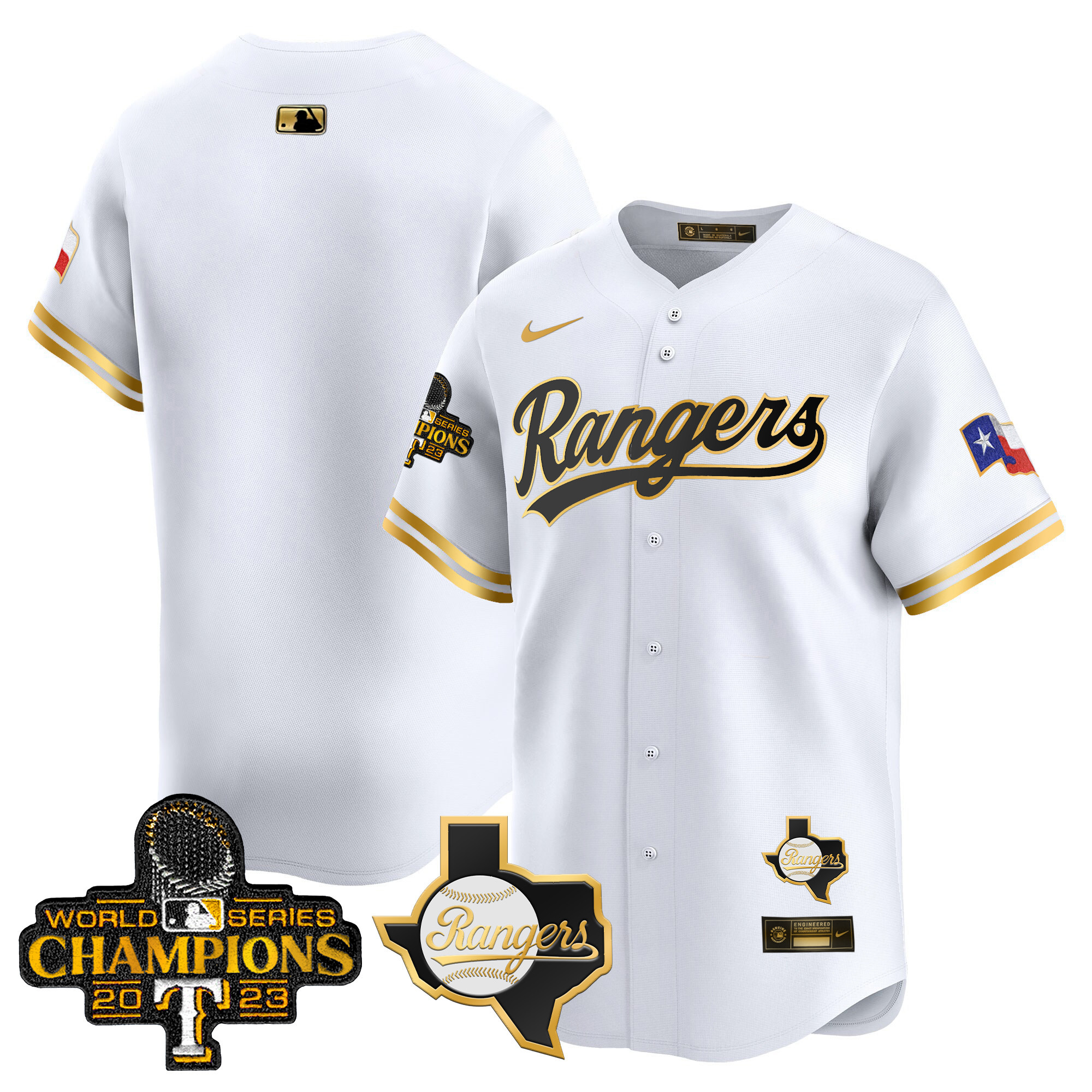Men's Texas Rangers 2023 World Series Champions Gold Trim Vapor Premier Limited Jersey V2 - All Stitched