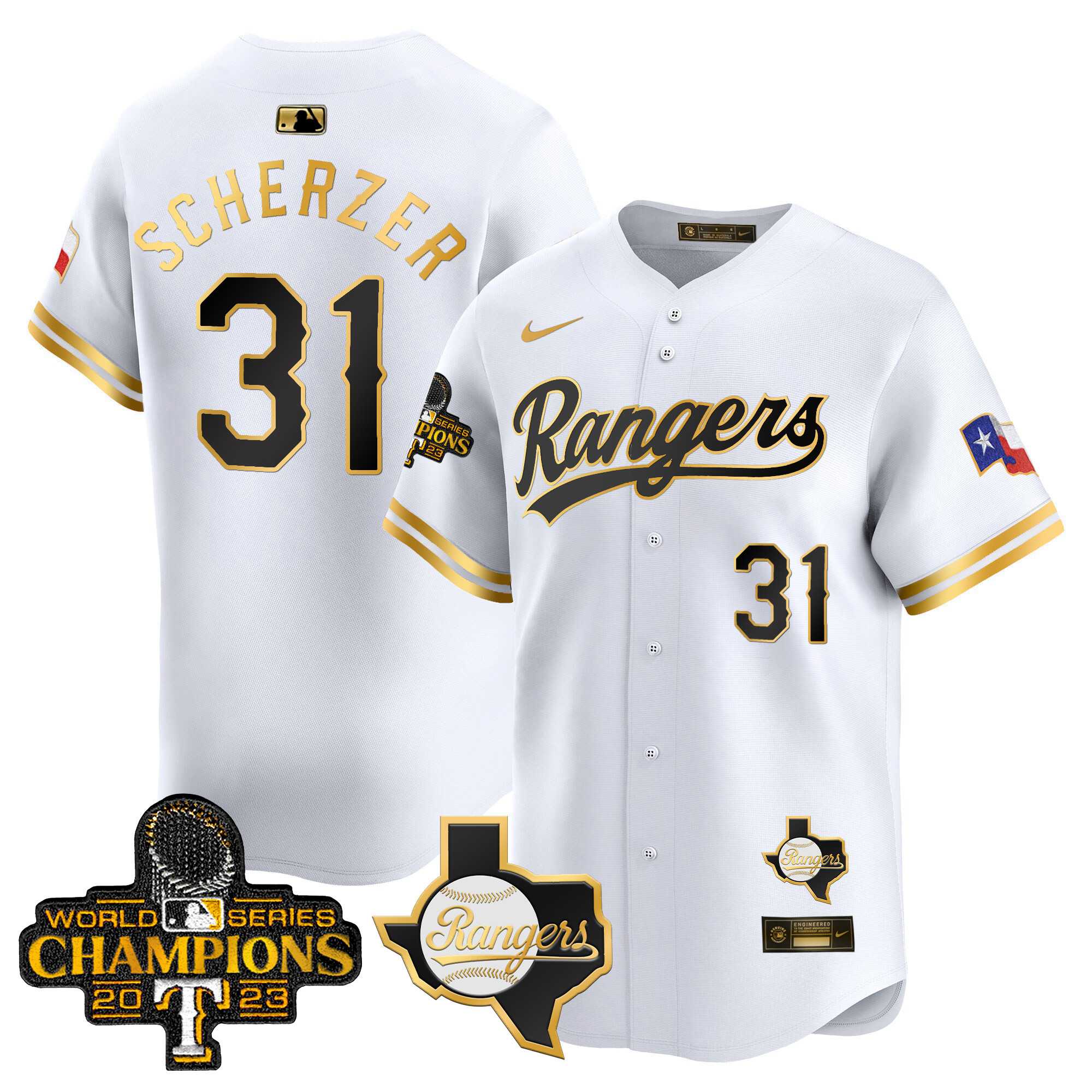 Men's Texas Rangers 2023 World Series Champions Gold Trim Vapor Premier Limited Jersey V2 - All Stitched