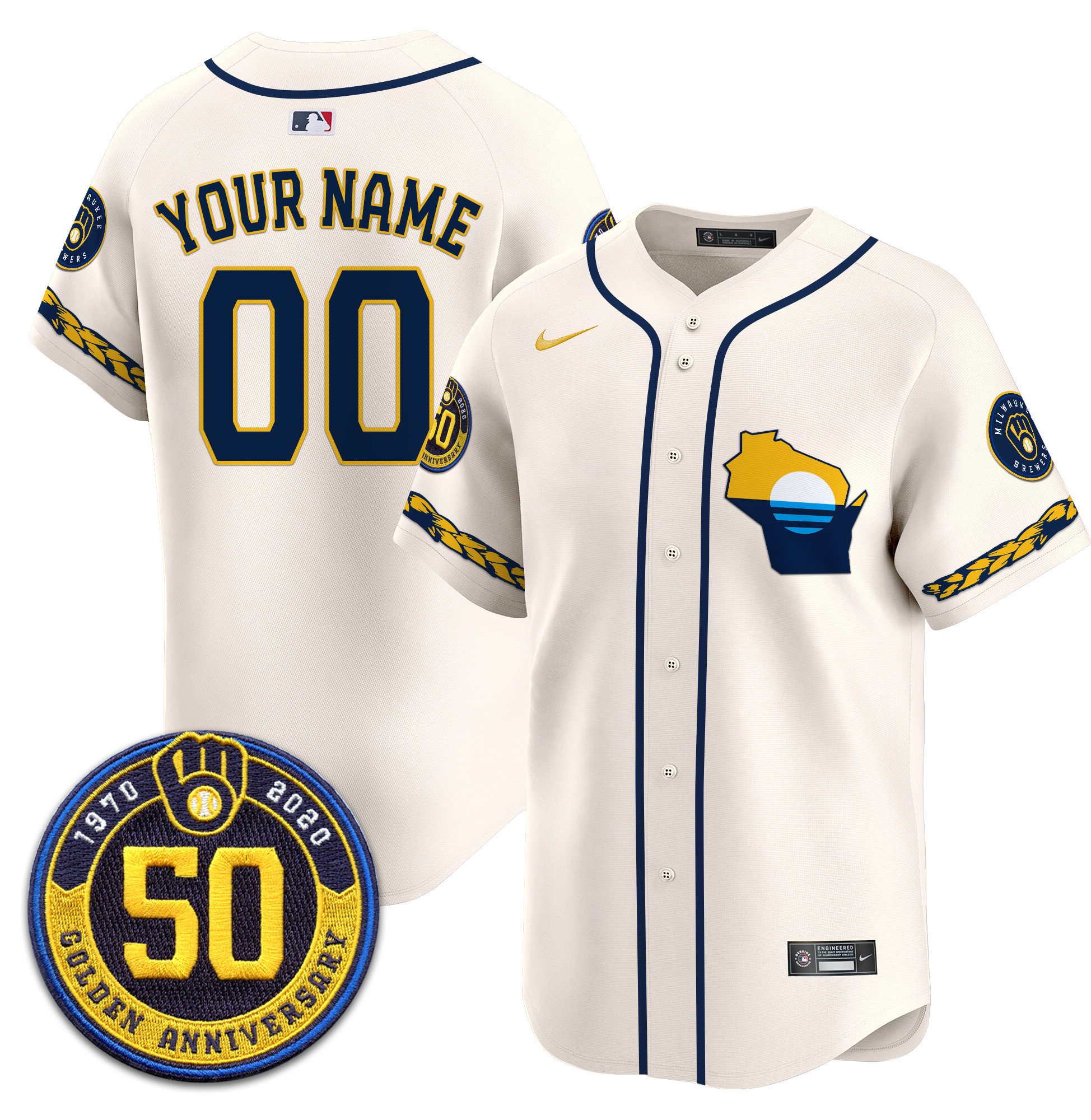 Milwaukee Brewers Golden 50th Anniversary Patch Vapor Premier Limited Custom Jersey - All Stitched