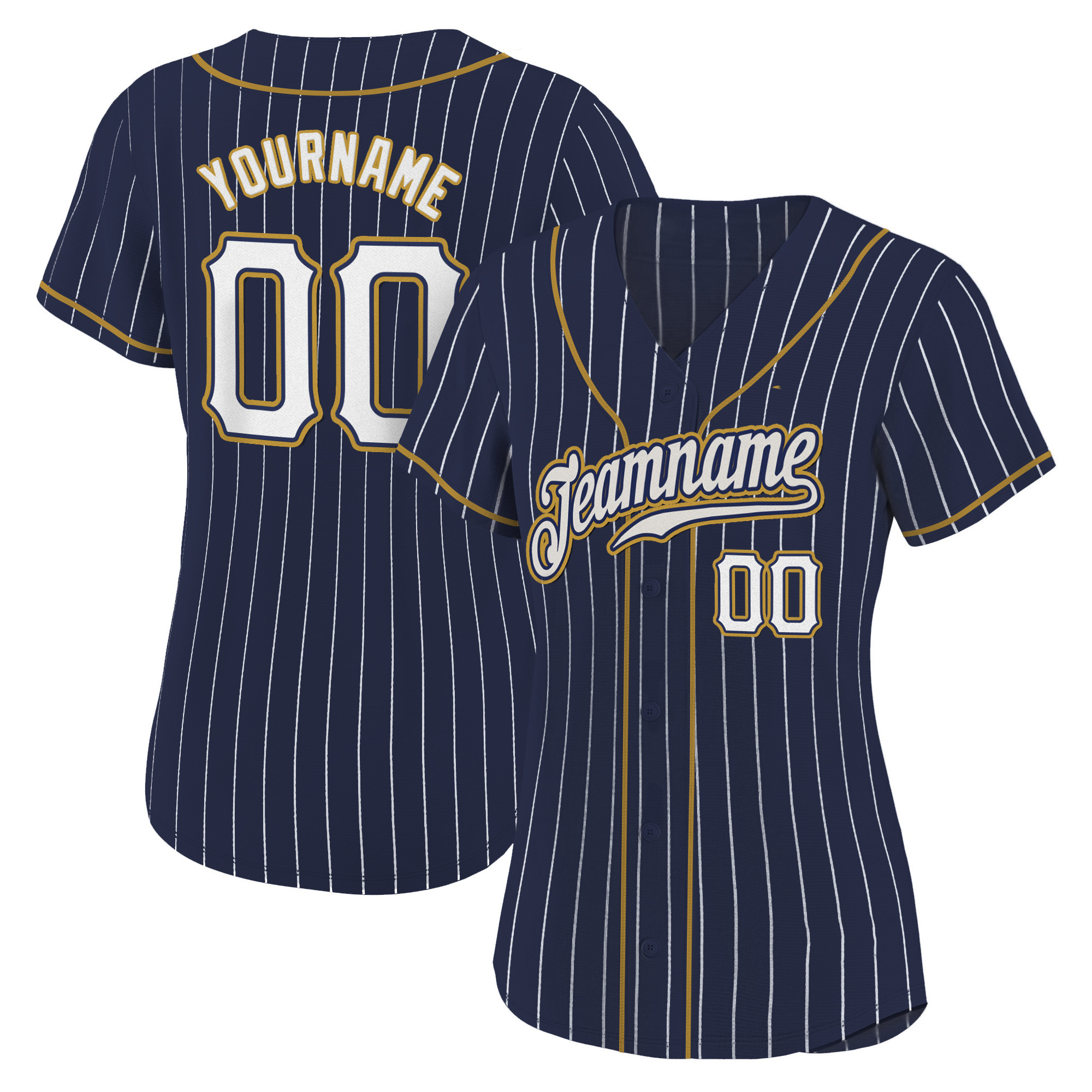 Navy White Pinstripe White - Old Gold Custom Baseball Jersey