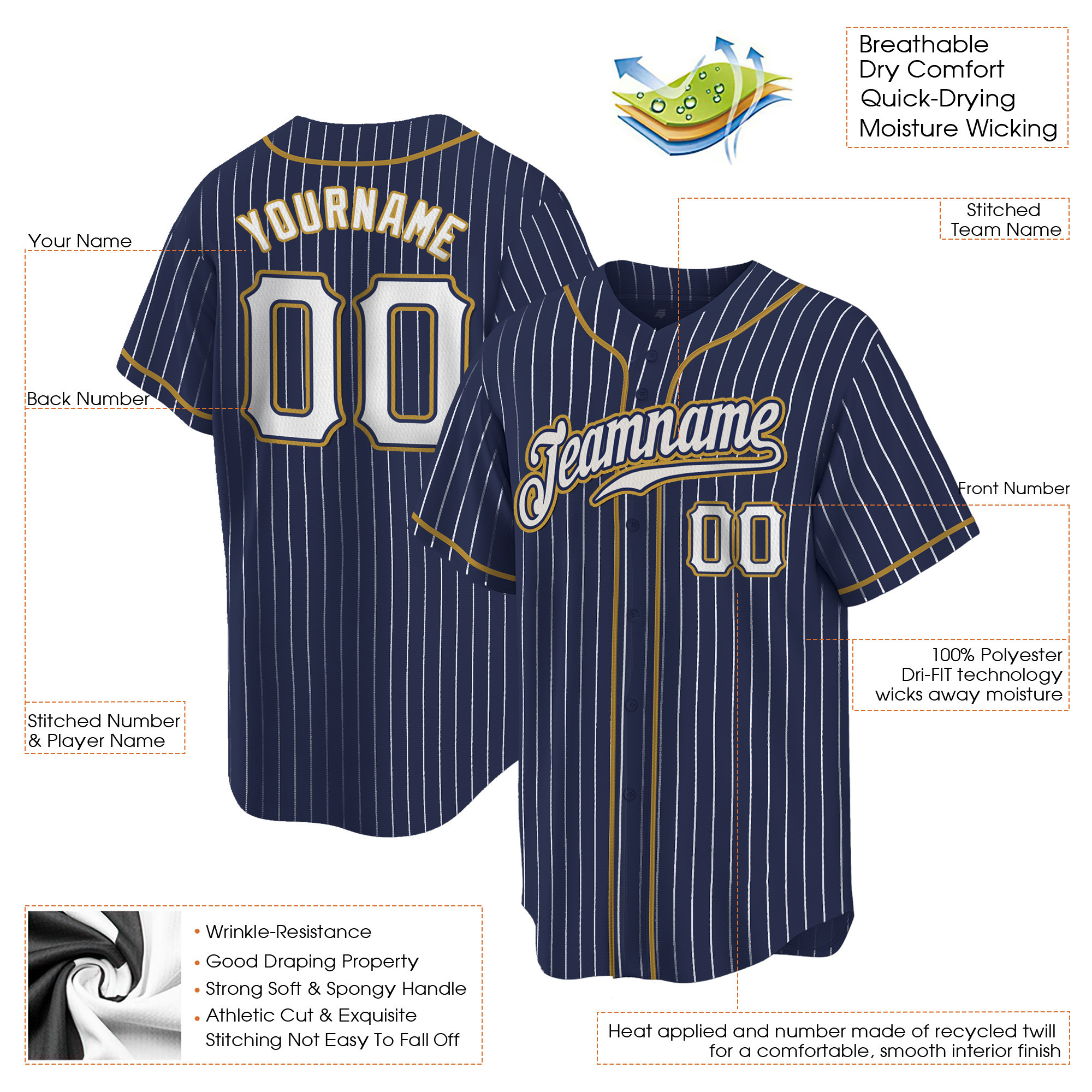 Navy White Pinstripe White - Old Gold Custom Baseball Jersey