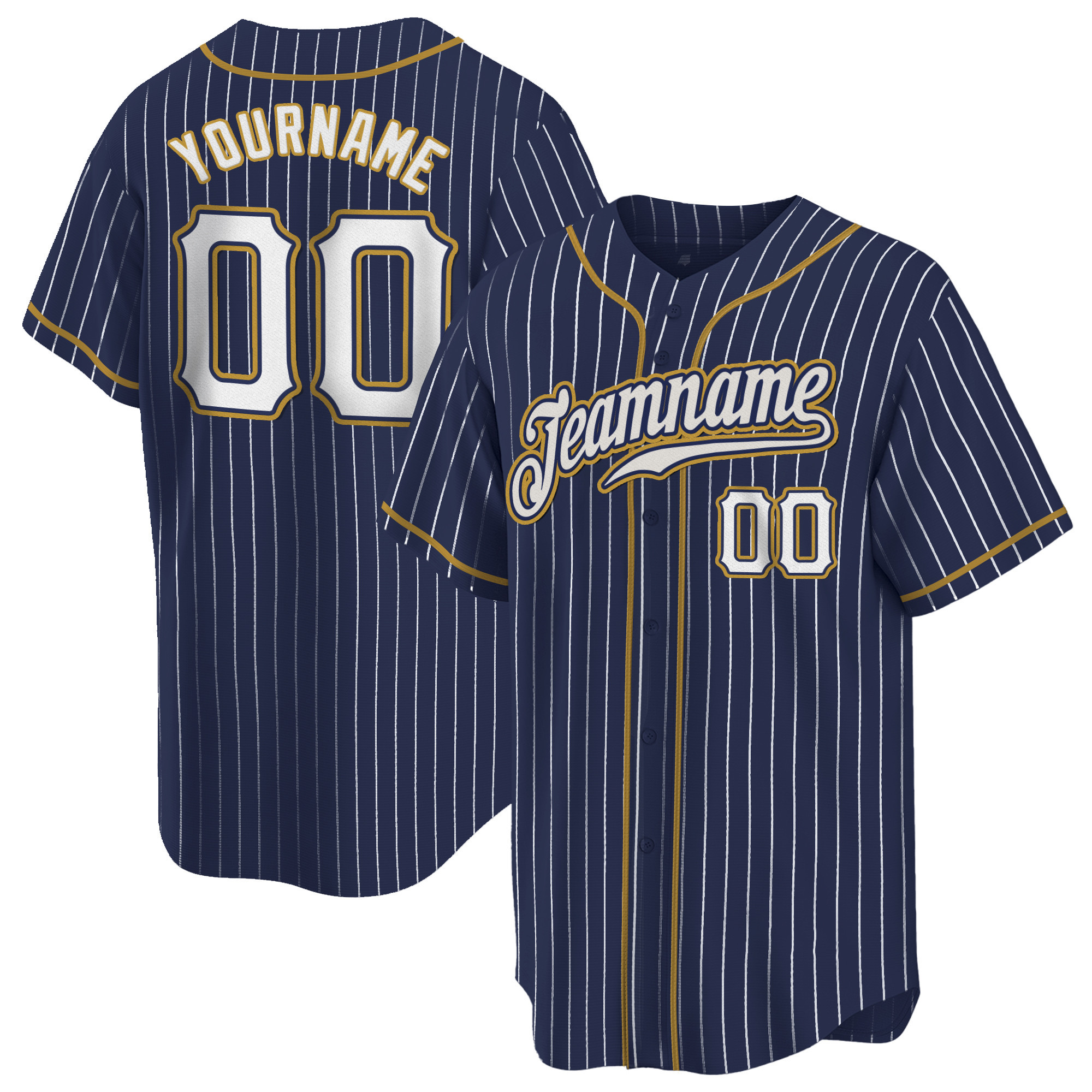 Navy White Pinstripe White - Old Gold Custom Baseball Jersey