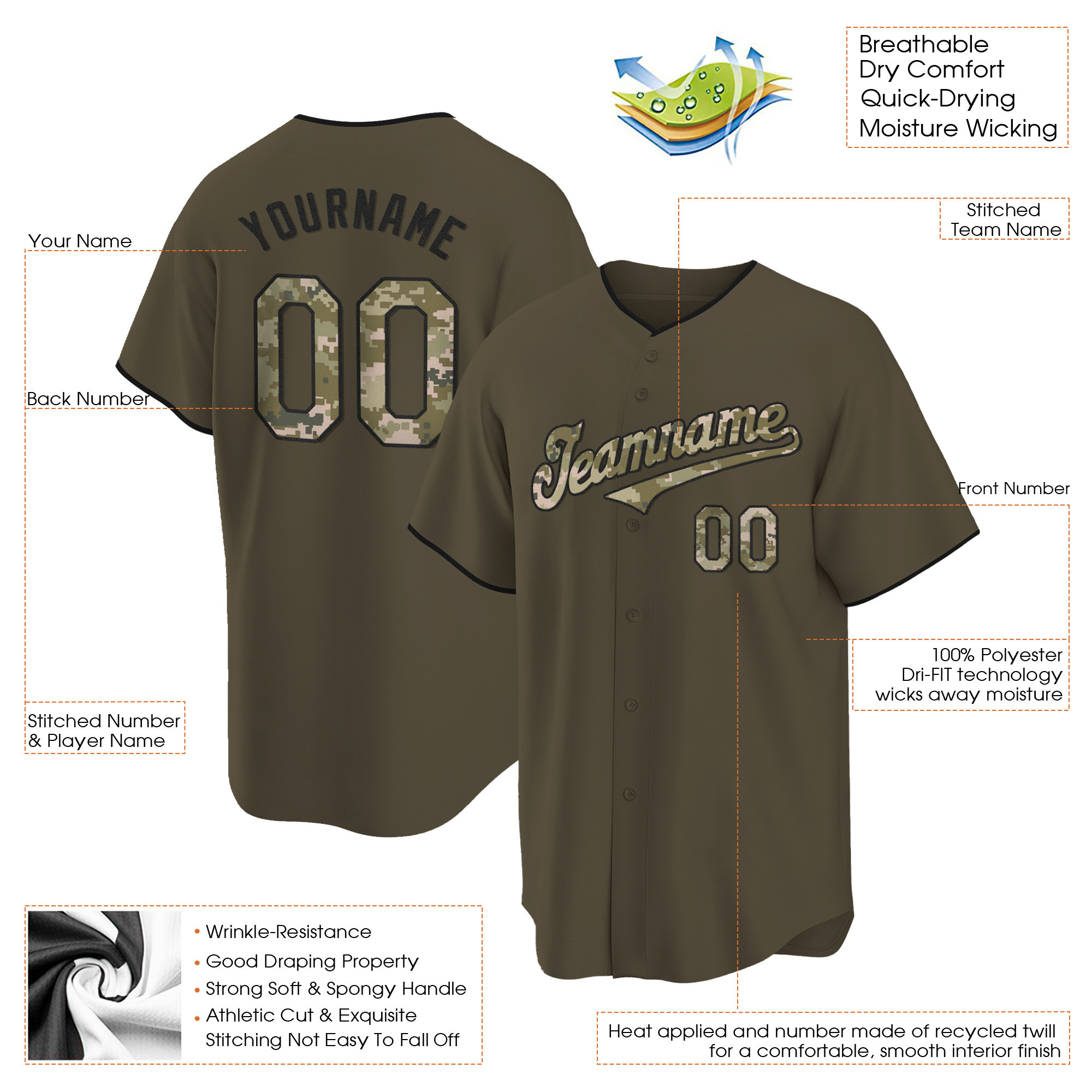 Olive Camo - Black Salute To Service Custom Baseball Jersey